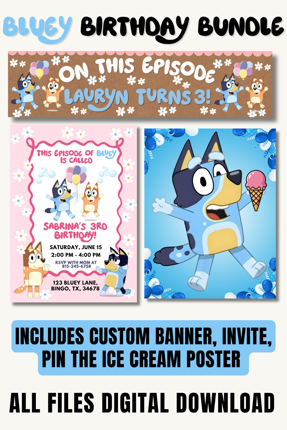 Bluey birthday banner printable, bundle preview