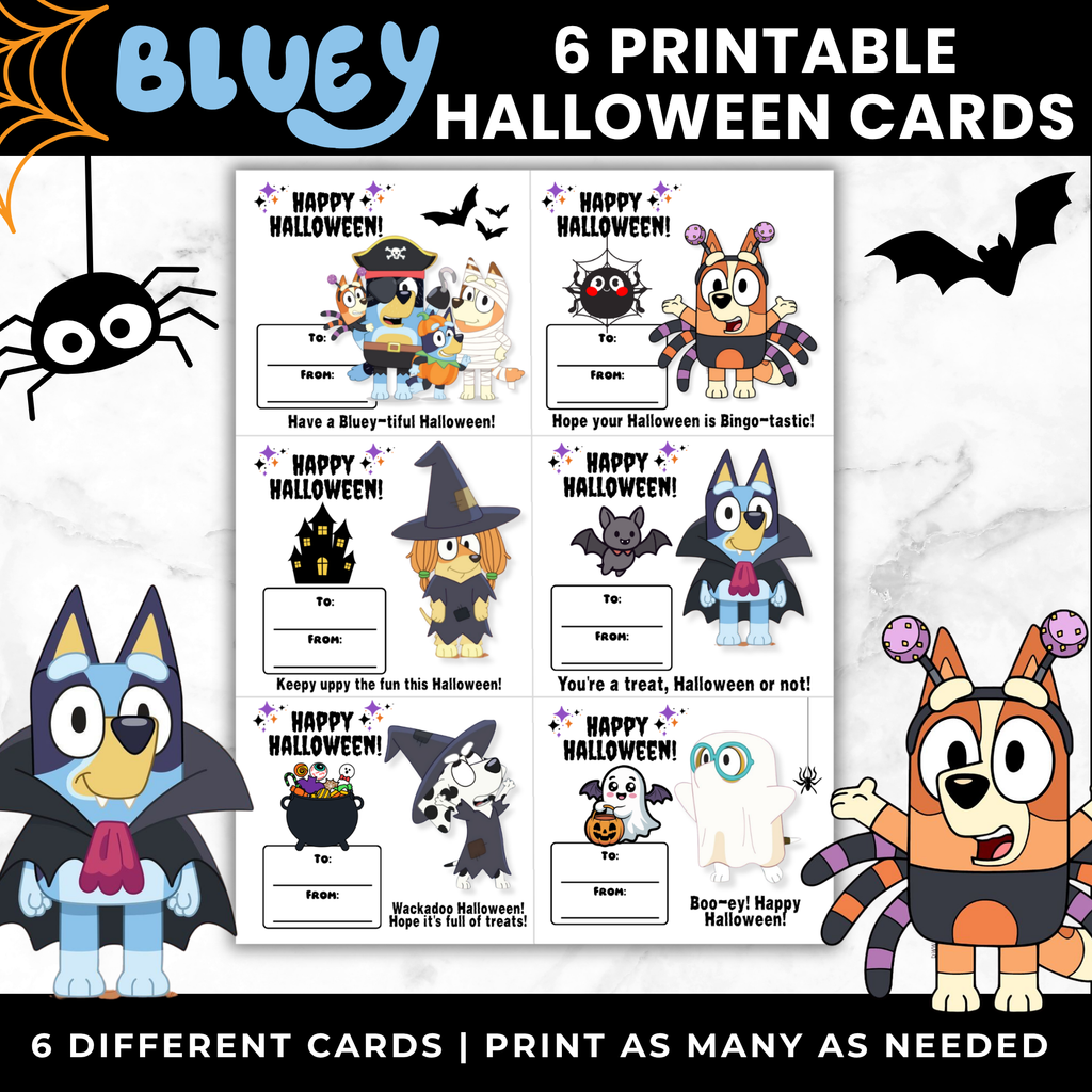 Bluey Printable Halloween Candy Cards for Kids | Classroom Party