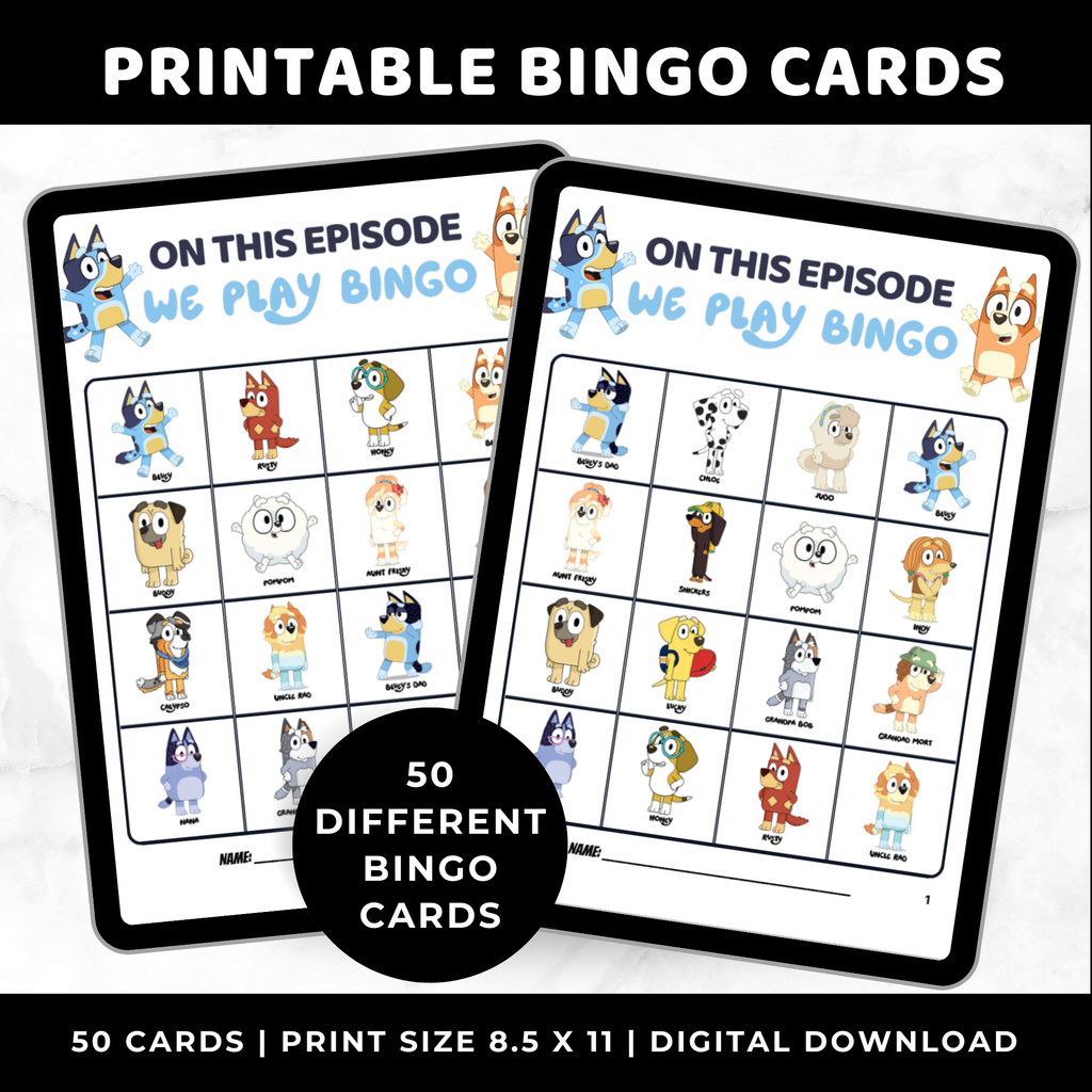 50 Bluey Bingo Cards for Kids