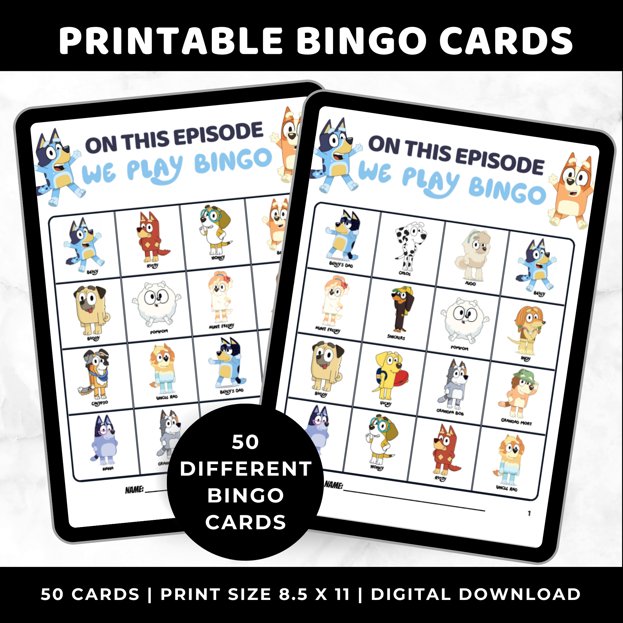 50 Bluey Bingo Cards for Kids