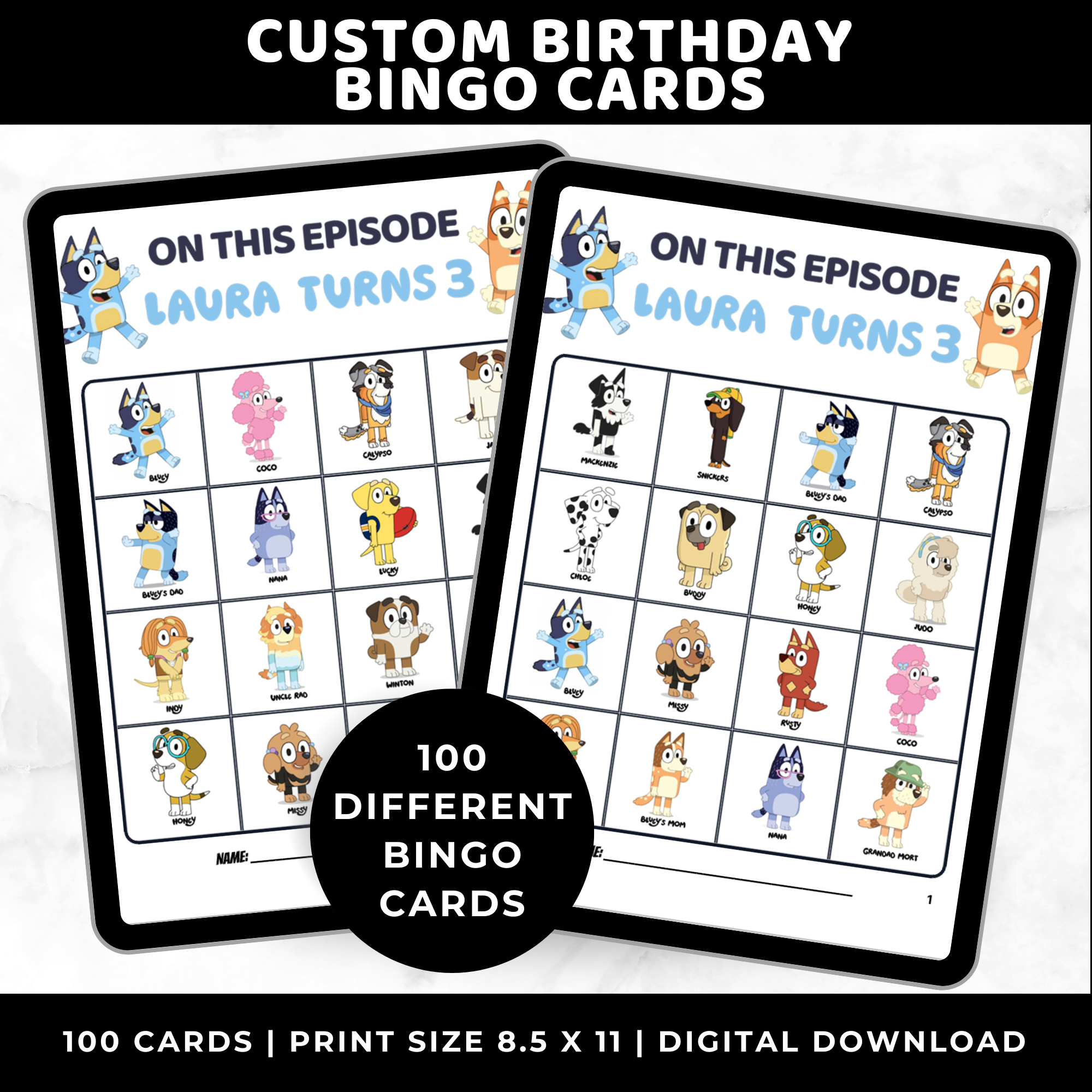 Personalized Birthday Bluey Bingo Cards for Kids