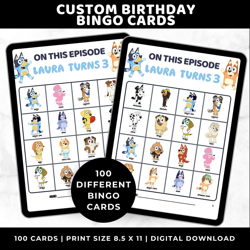Personalised Bluey Bingo Cards 50 Birthday Party