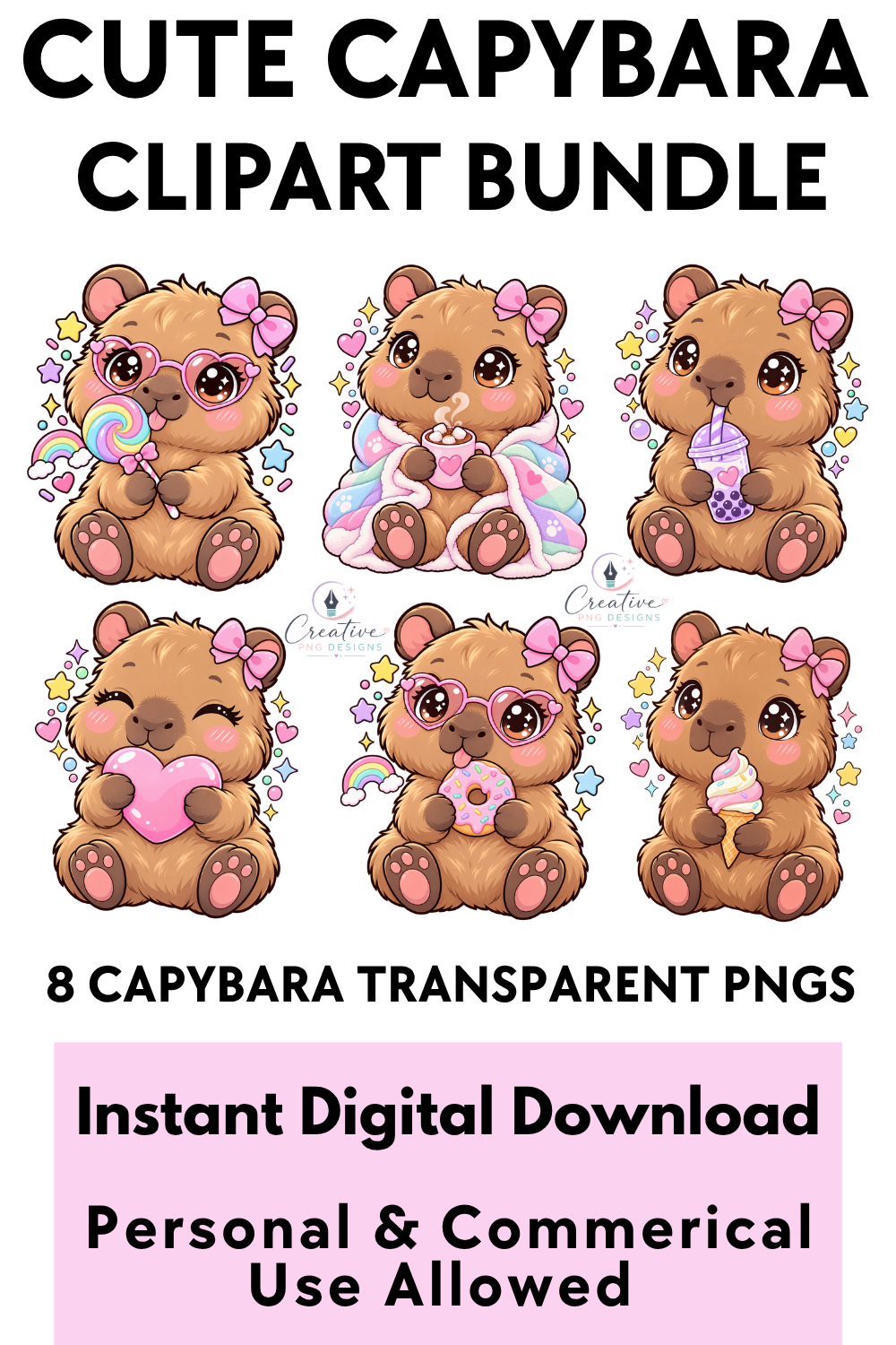 Kawaii Capybara clipart PNG instant download, bundle preview