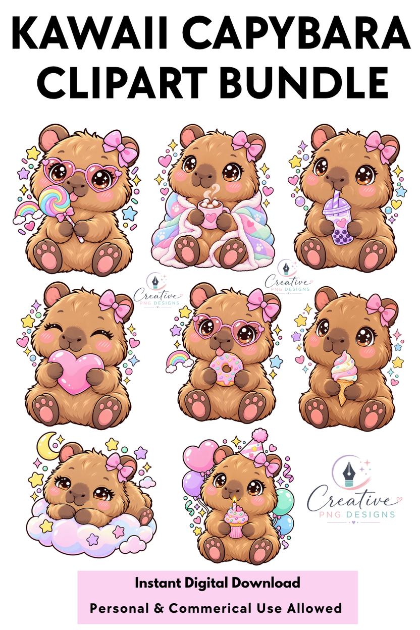 Kawaii capybara clipart bundle featuring cute pastel capybara PNG designs with donuts and ice cream