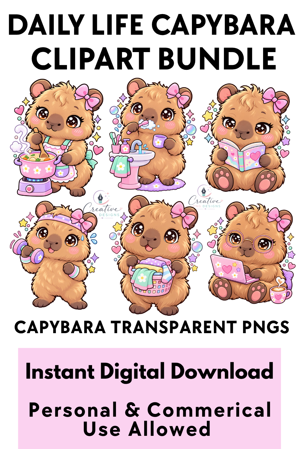 Daily Life Capybara clipart PNG instant download, bundle preview