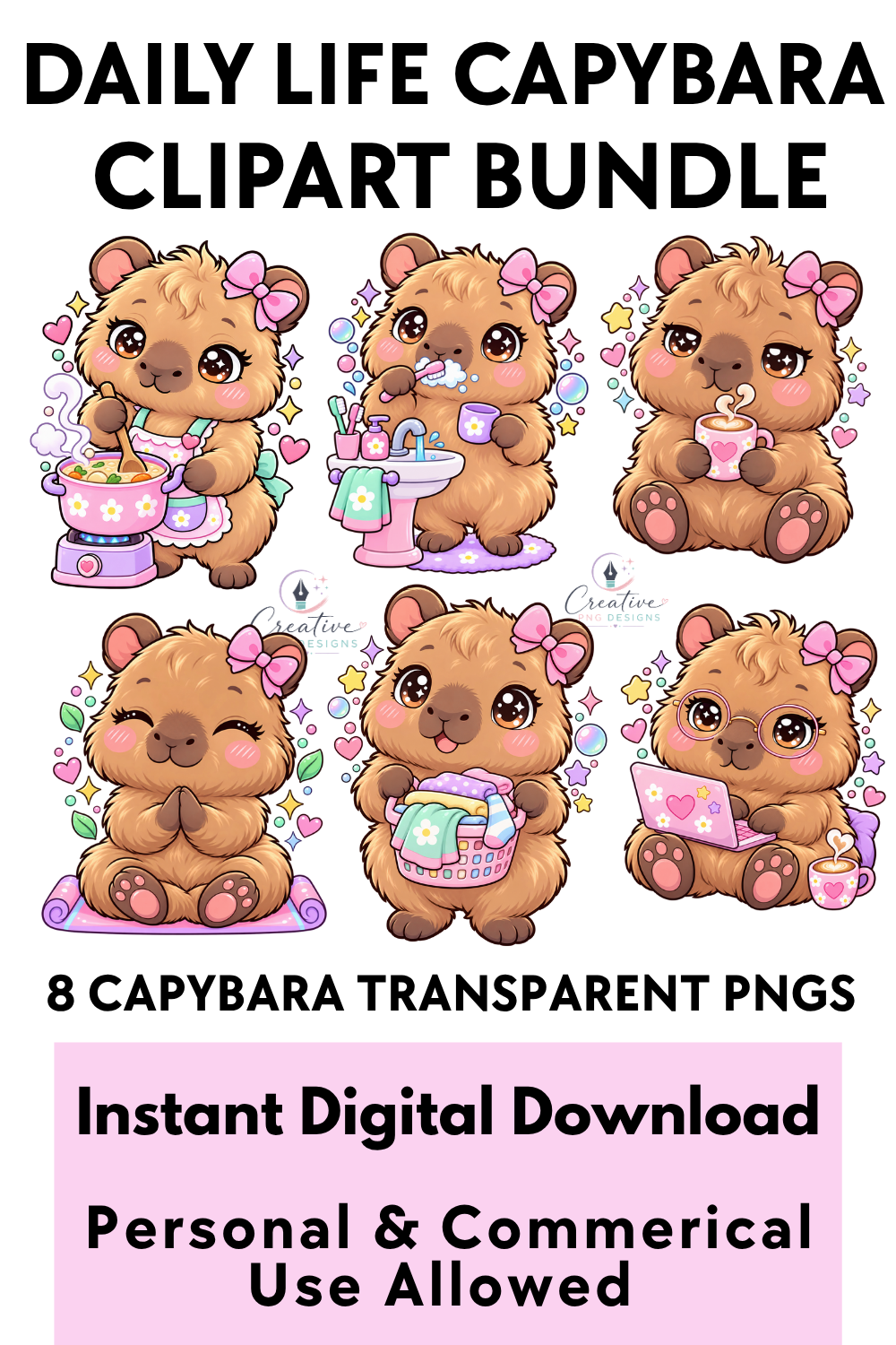 Daily Life Capybara clipart PNG instant download, bundle preview