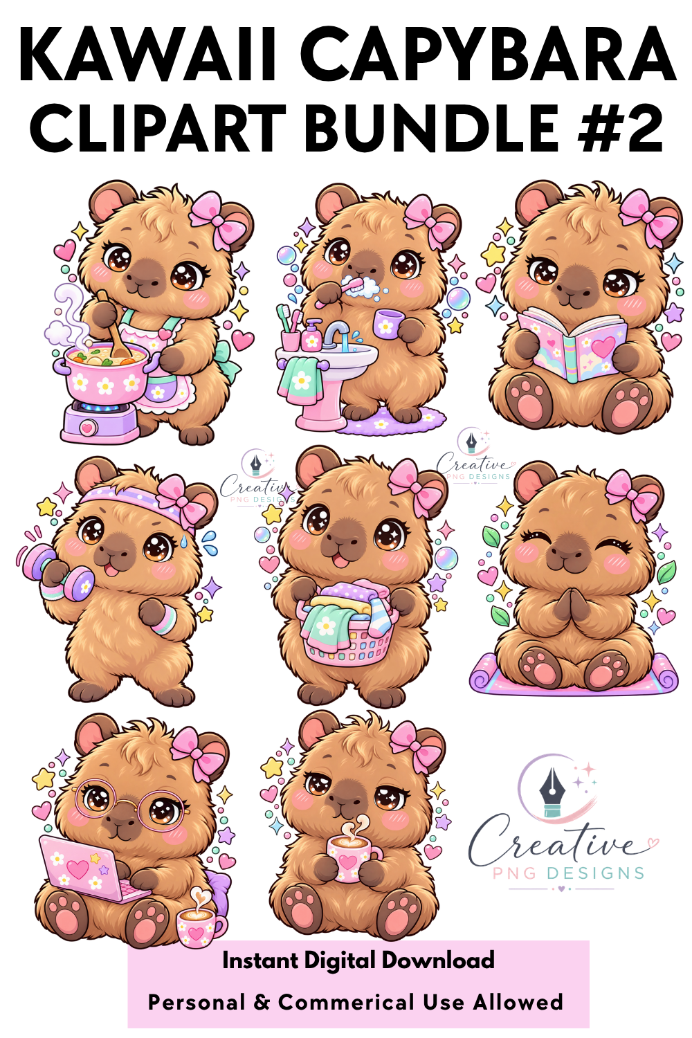 Daily Life Capybara clipart PNG instant download, bundle preview