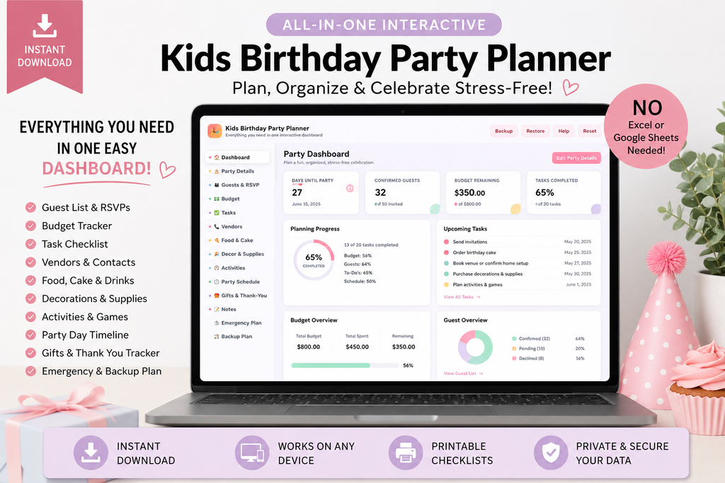 Interactive Kids Birthday Party Planner | Guest List, Budget & Checklist Digital Download