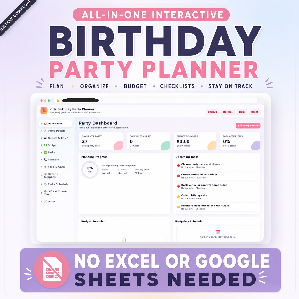 Interactive Kids Birthday Party Planner | Guest List, Budget & Checklist Digital Download