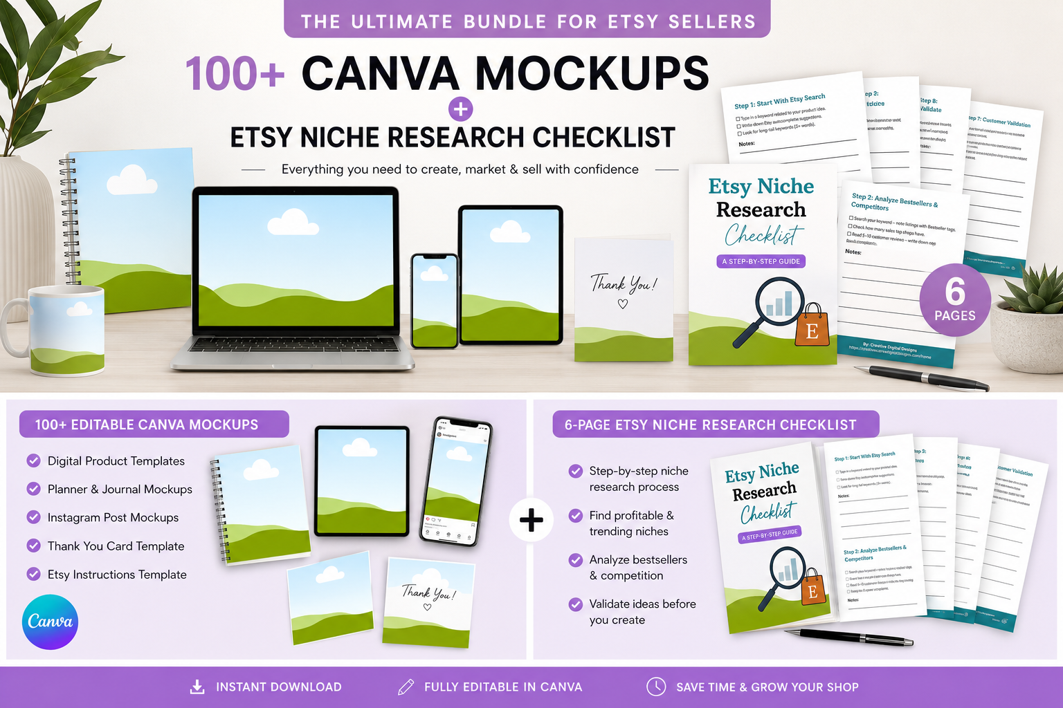 Etsy Niche Research Checklist & 100 Etsy Digital Products Mockups