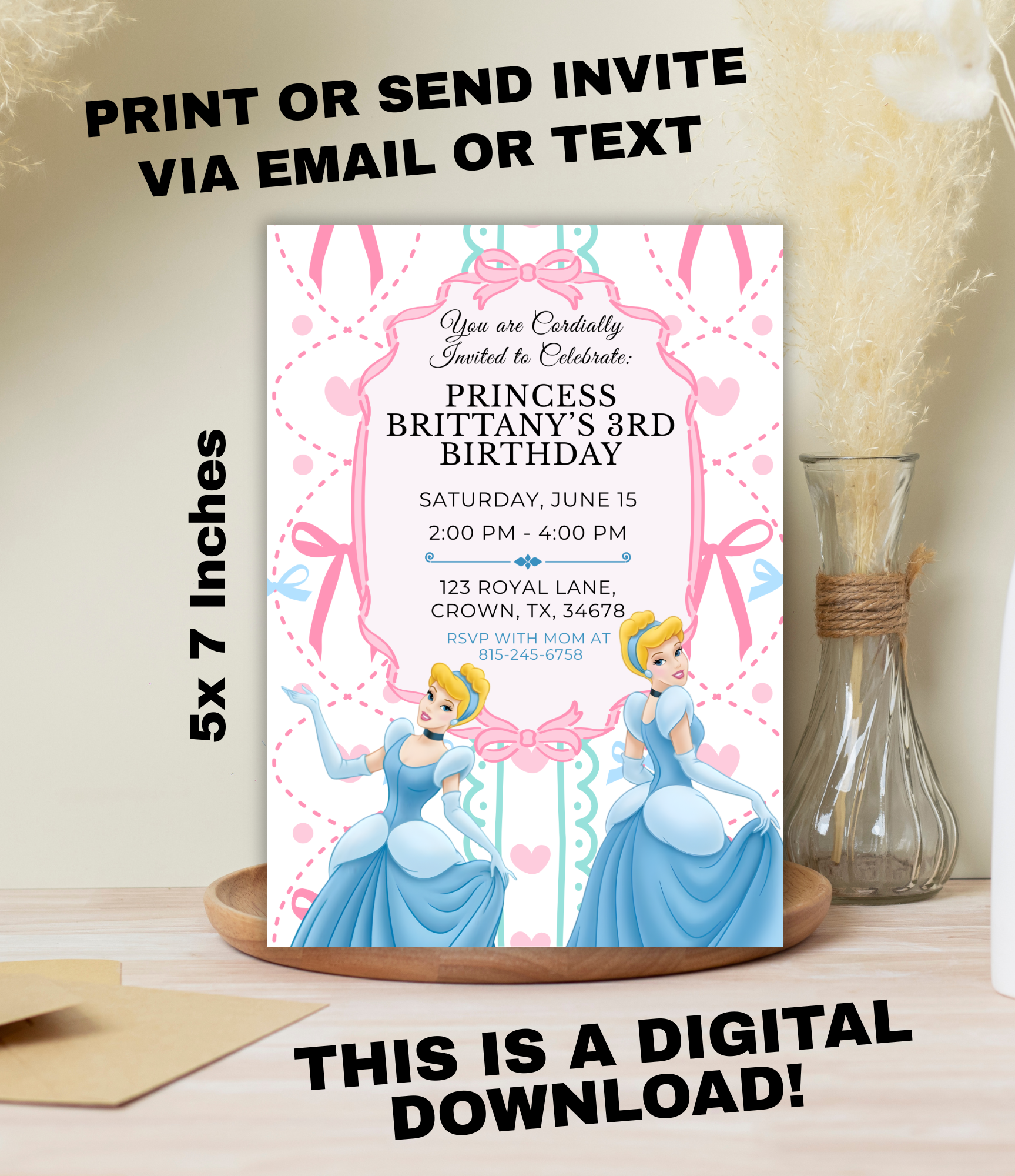Cinderella Birthday Invitation for Girls | Personalized Princess Birthday Invite | Custom Fairytale Party Invitation