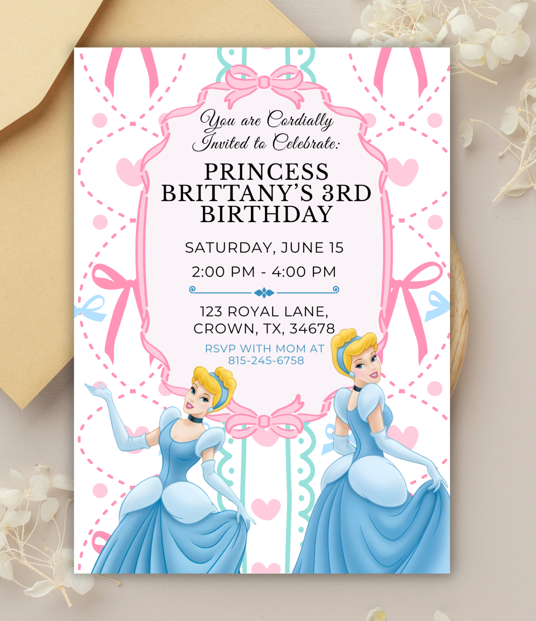 Cinderella Birthday Invitation for Girls | Personalized Princess Birthday Invite | Custom Fairytale Party Invitation