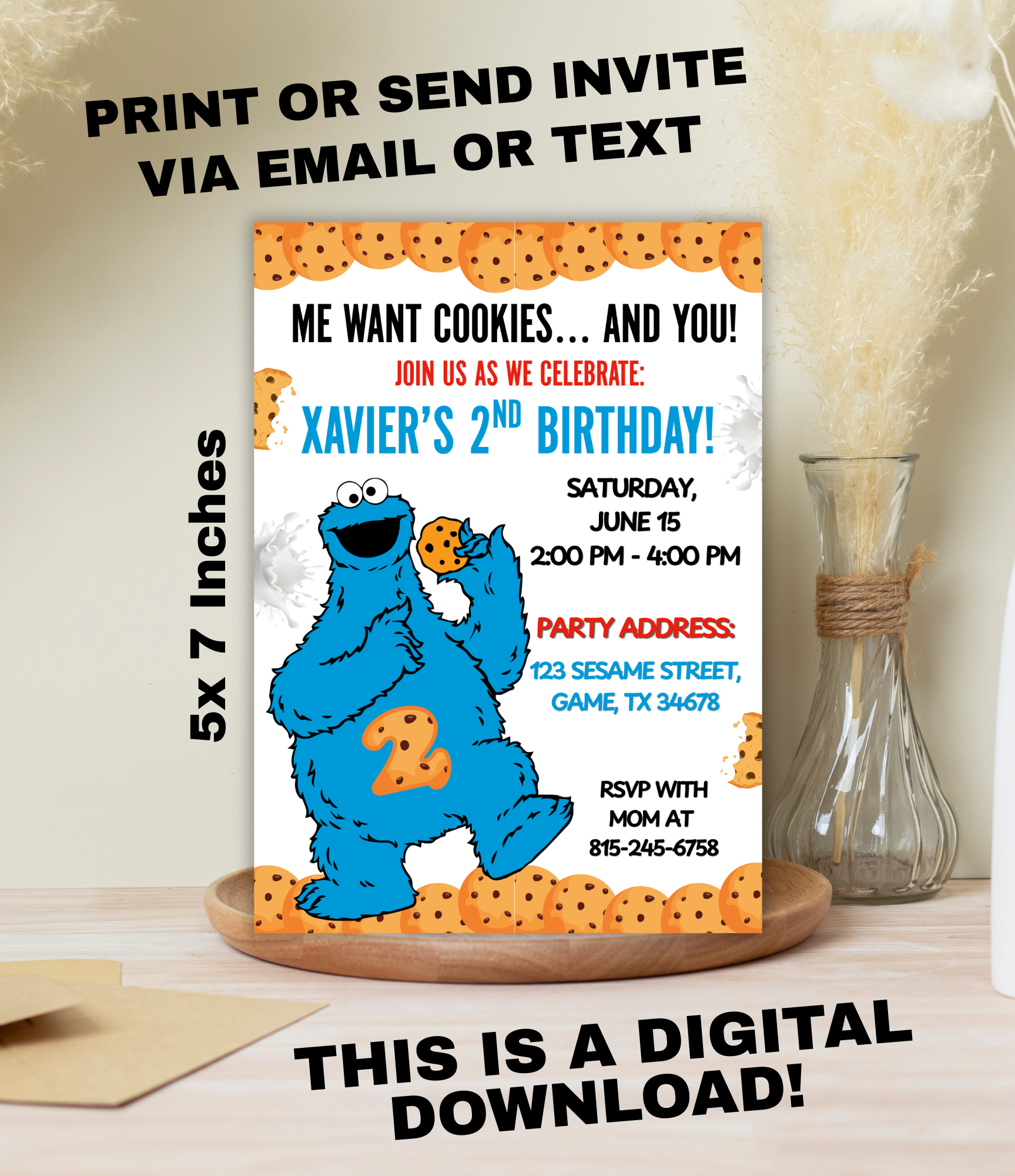 Cookie Monster Birthday Invitation | Personalized Sesame Street Birthday Invite for Kids | Toddler Birthday Invite