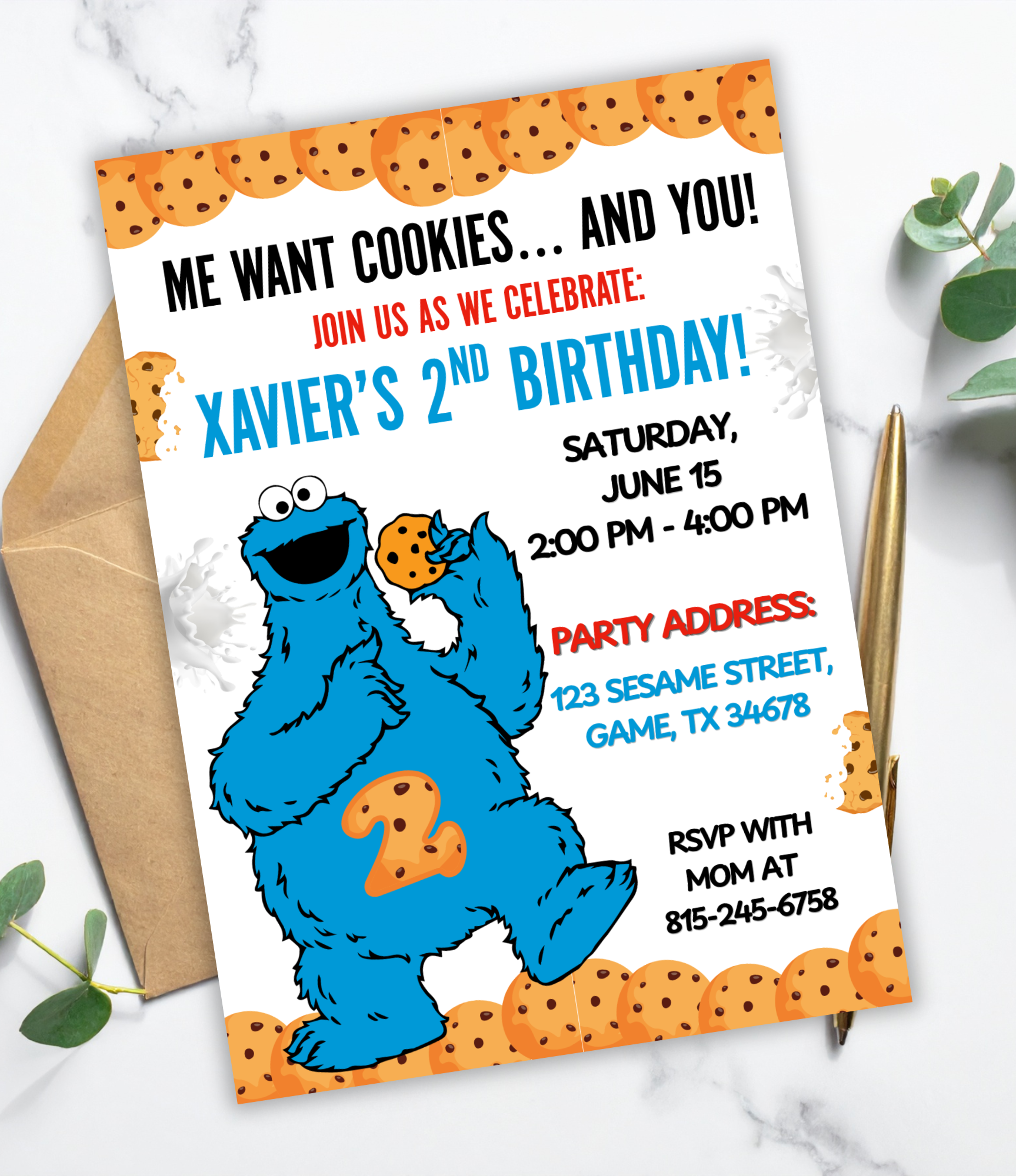 Cookie Monster Birthday Invitation | Personalized Sesame Street Birthday Invite for Kids | Toddler Birthday Invite