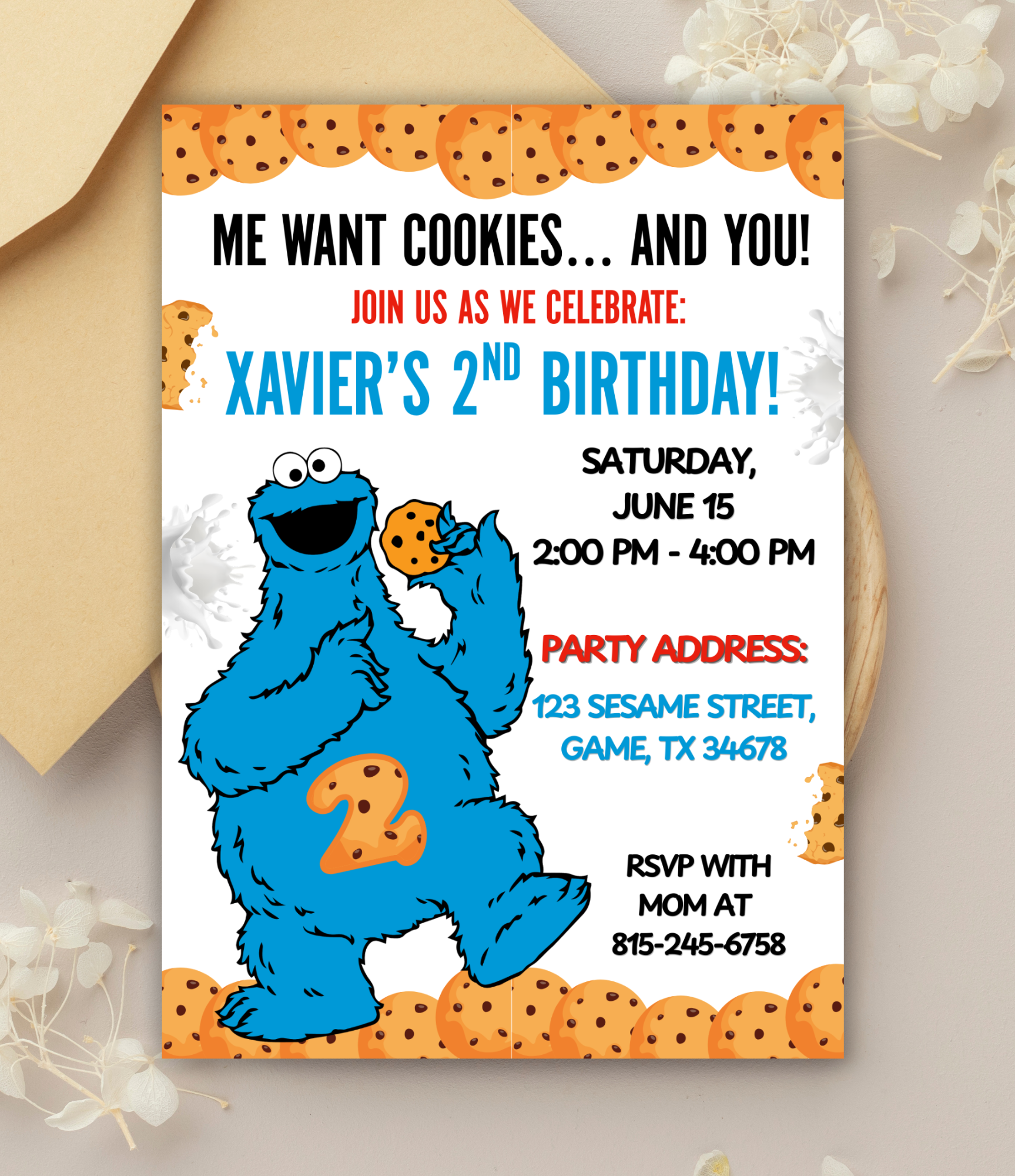 Cookie Monster Birthday Invitation | Personalized Sesame Street Birthday Invite for Kids | Toddler Birthday Invite