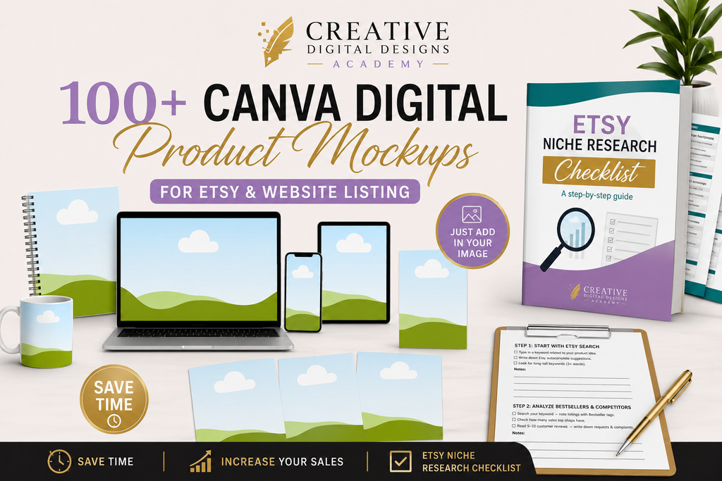 Promotional graphic for a digital product mockup bundle titled '100+ CANVA DIGITAL Product Mockups FOR ETSY & WEBSITE LISTING' by Creative Digital Designs Academy. The layout shows sample mockups including a laptop, phone, mug, notebook, cards, and a checklist on a white background with decorative branding and callout badges.
