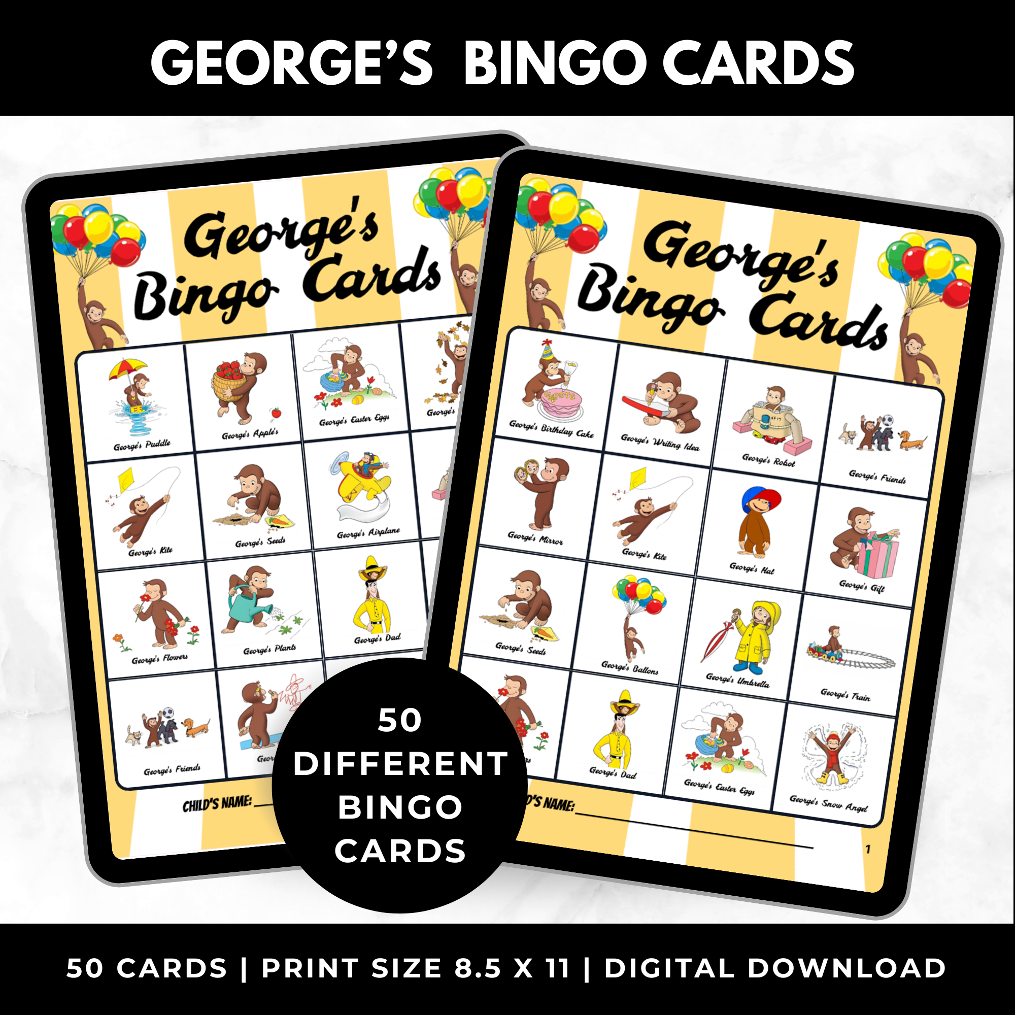 Curious George Bingo Cards for Kids