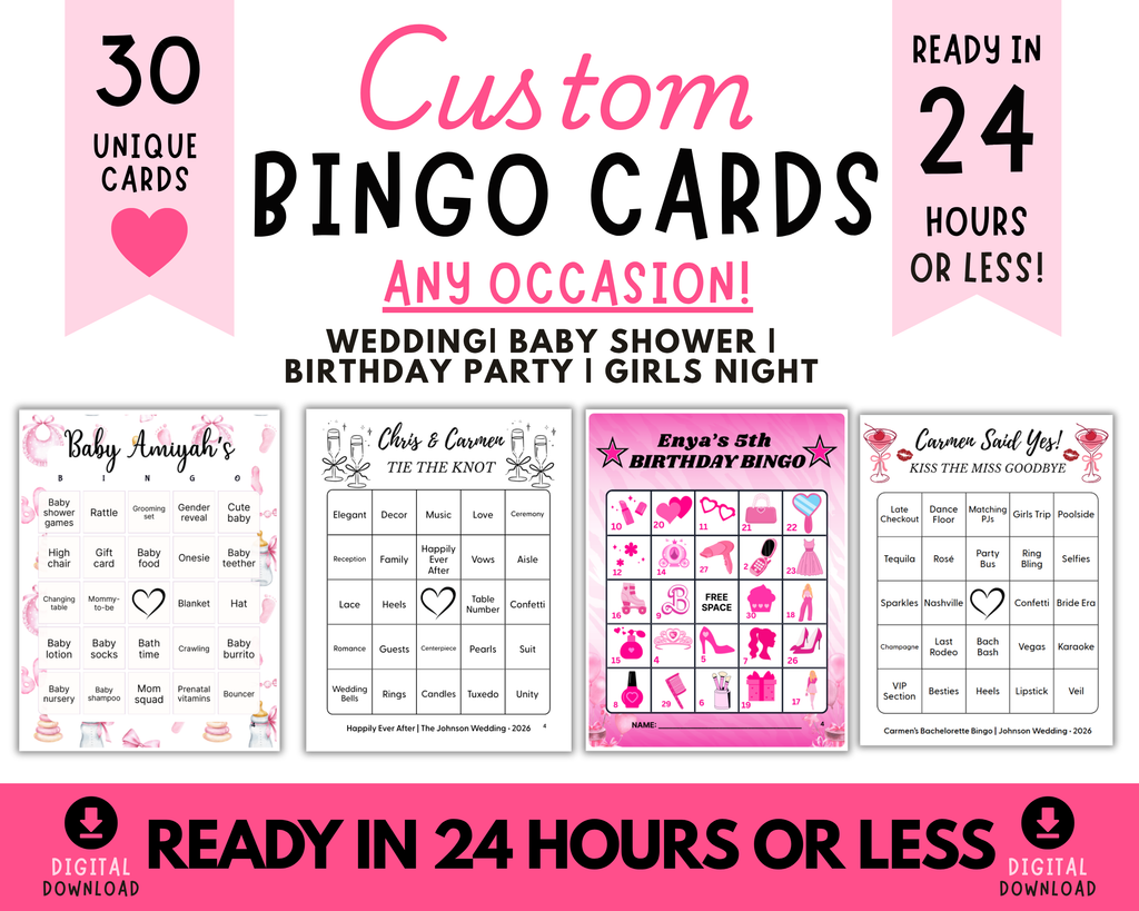 Custom Bingo Cards Digital Downloads | Personalized Party Bingo Cards for Birthdays, Weddings, Baby Showers & Bachelorette Parties