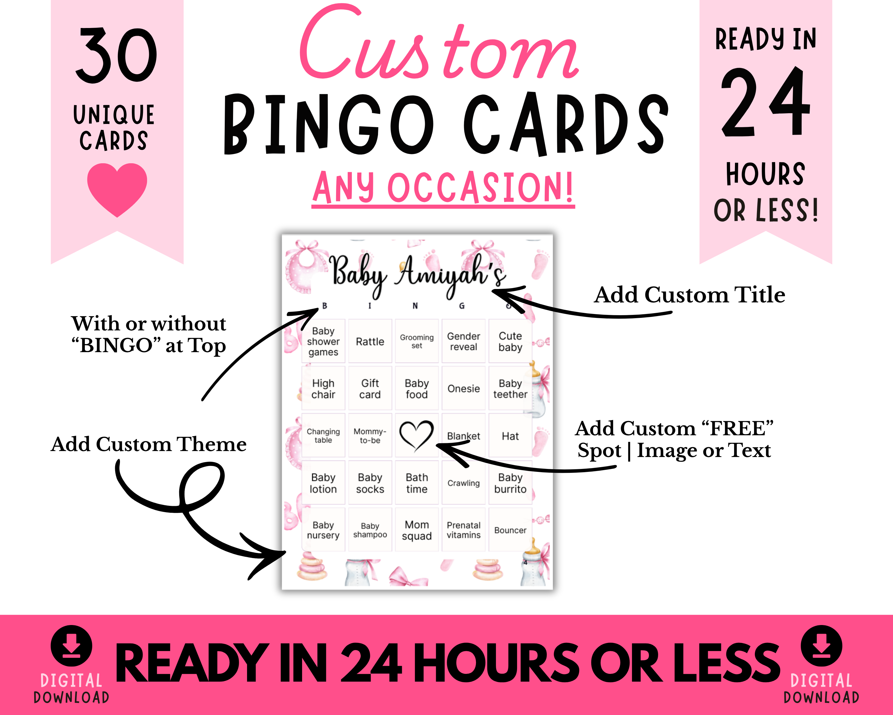 Custom Bingo Cards Digital Downloads | Personalized Party Bingo Cards for Birthdays, Weddings, Baby Showers & Bachelorette Parties