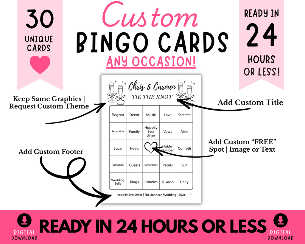 Custom Bingo Cards Digital Downloads | Personalized Party Bingo Cards for Birthdays, Weddings, Baby Showers & Bachelorette Parties