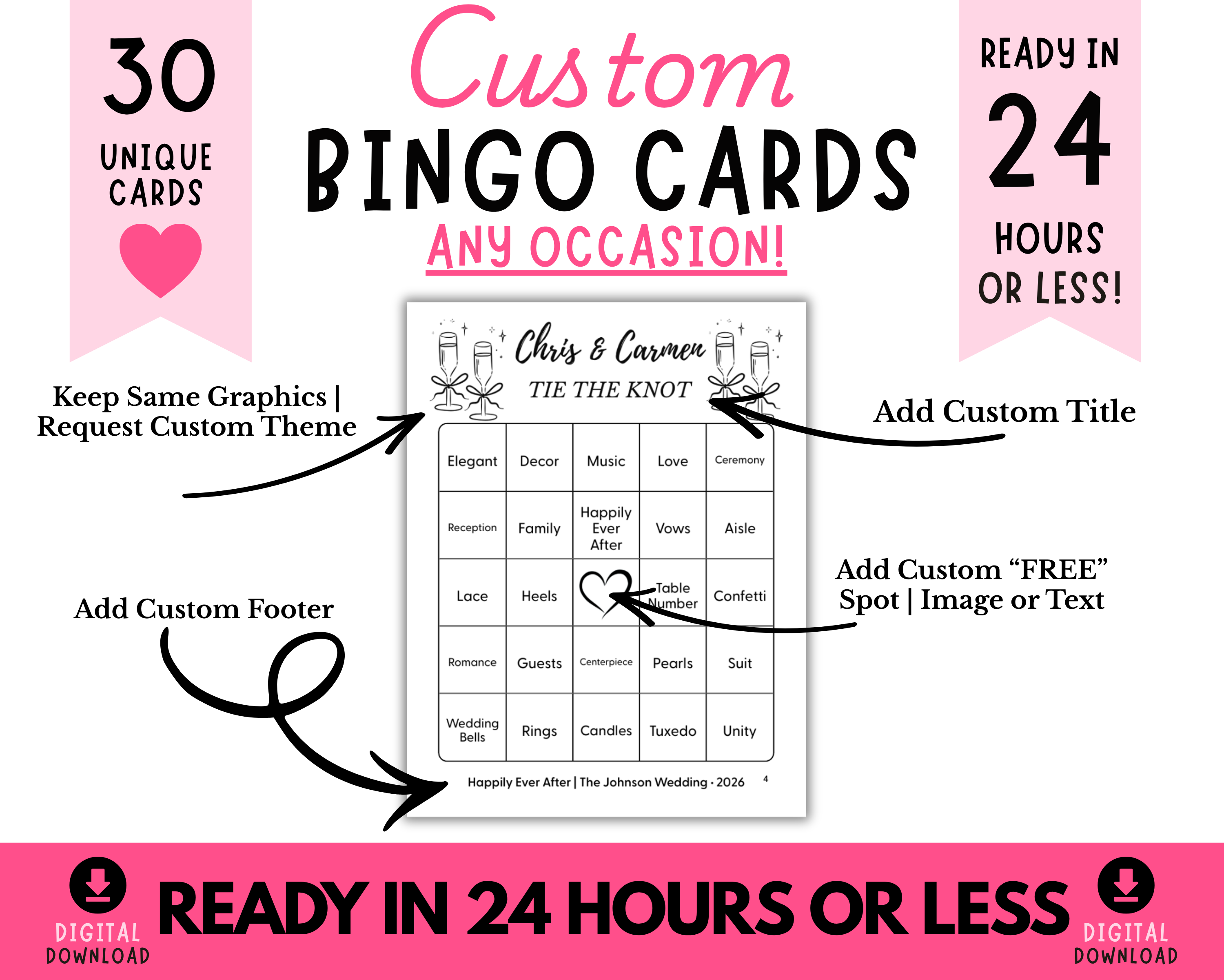 Custom Bingo Cards Digital Downloads | Personalized Party Bingo Cards for Birthdays, Weddings, Baby Showers & Bachelorette Parties