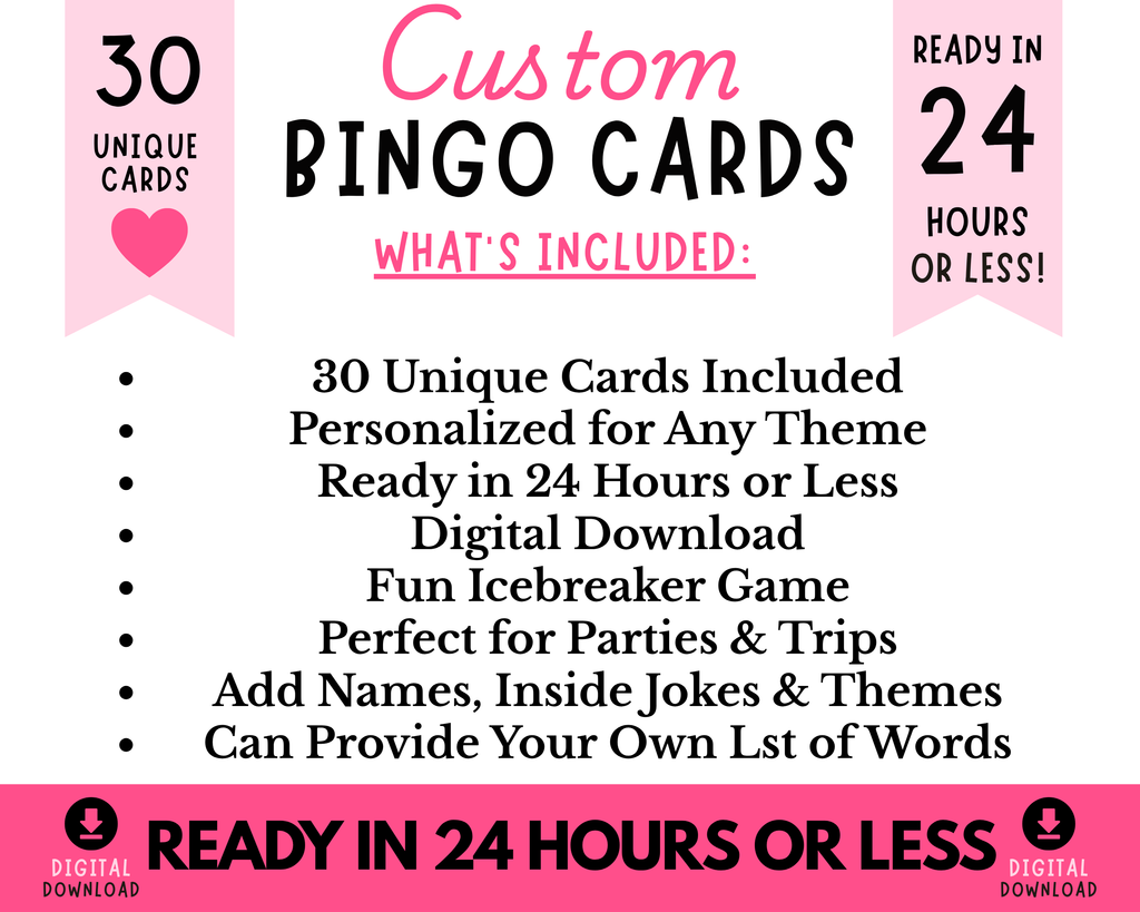 Custom Bingo Cards Digital Downloads | Personalized Party Bingo Cards for Birthdays, Weddings, Baby Showers & Bachelorette Parties