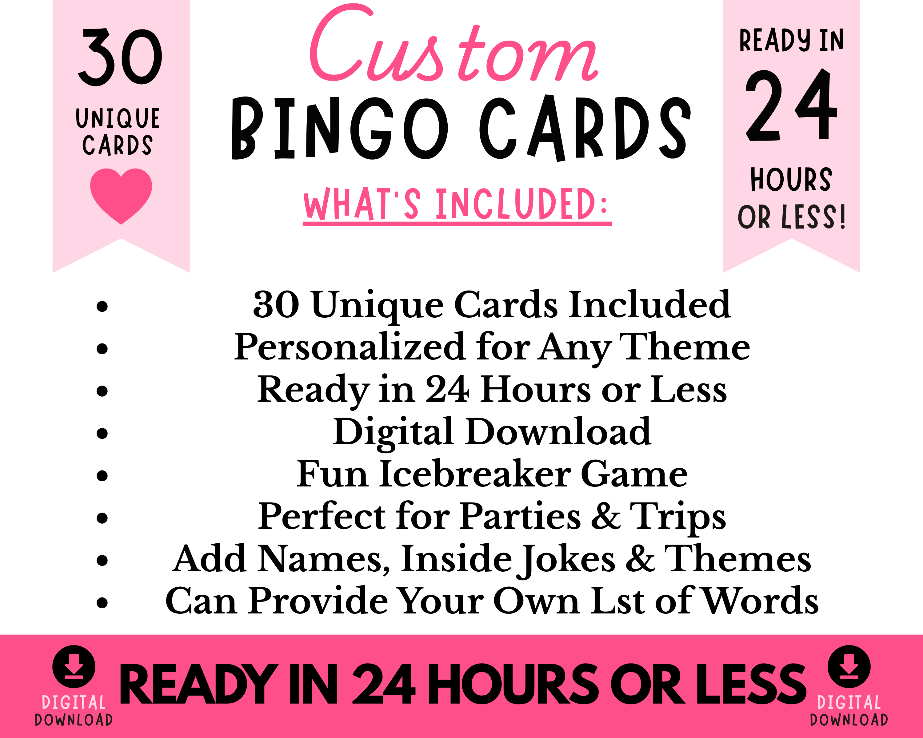 Custom Bingo Cards Digital Downloads | Personalized Party Bingo Cards for Birthdays, Weddings, Baby Showers & Bachelorette Parties