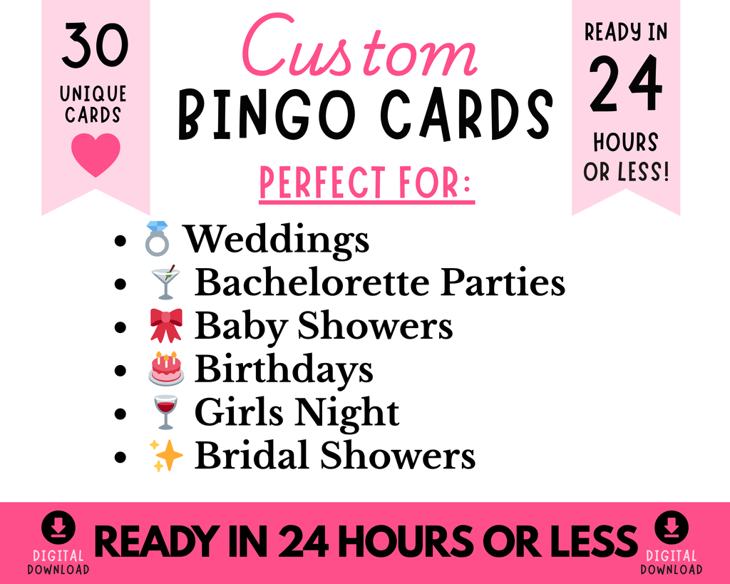 Custom Bingo Cards Digital Downloads | Personalized Party Bingo Cards for Birthdays, Weddings, Baby Showers & Bachelorette Parties