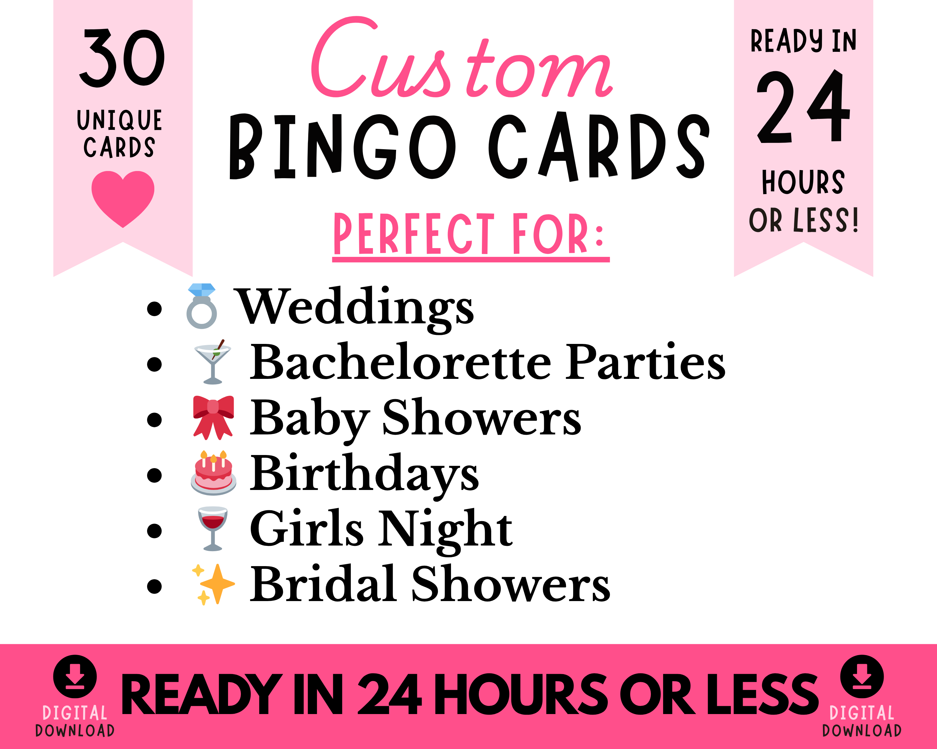 Custom Bingo Cards Digital Downloads | Personalized Party Bingo Cards for Birthdays, Weddings, Baby Showers & Bachelorette Parties