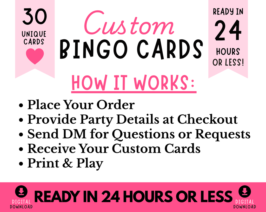 Custom Bingo Cards Digital Downloads | Personalized Party Bingo Cards for Birthdays, Weddings, Baby Showers & Bachelorette Parties