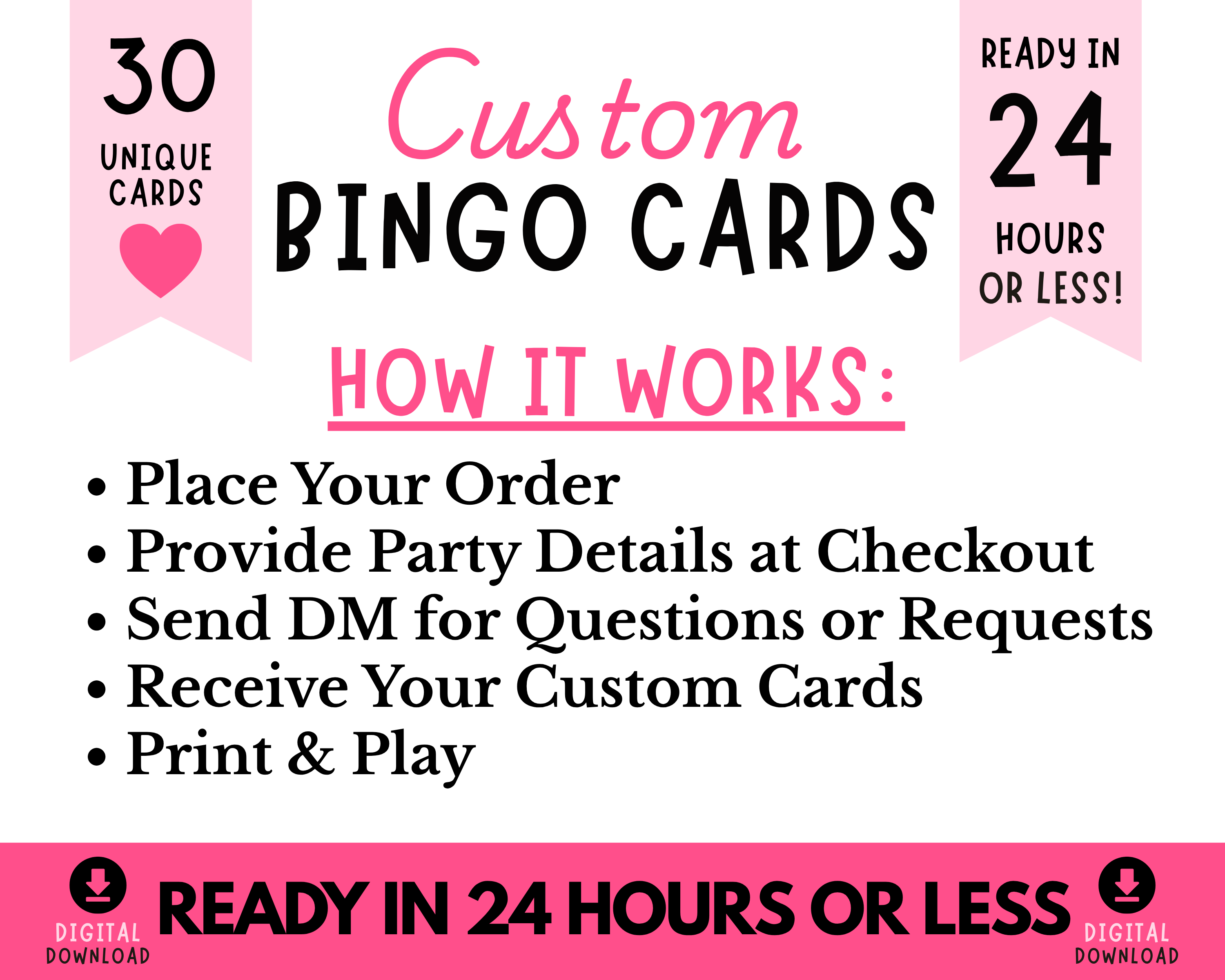 Custom Bingo Cards Digital Downloads | Personalized Party Bingo Cards for Birthdays, Weddings, Baby Showers & Bachelorette Parties