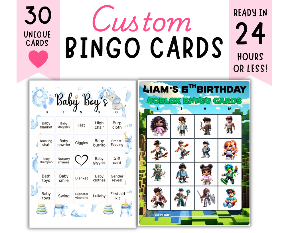 Custom Bingo Cards Digital Downloads | Personalized Party Bingo Cards for Birthdays, Weddings, Baby Showers & Bachelorette Parties