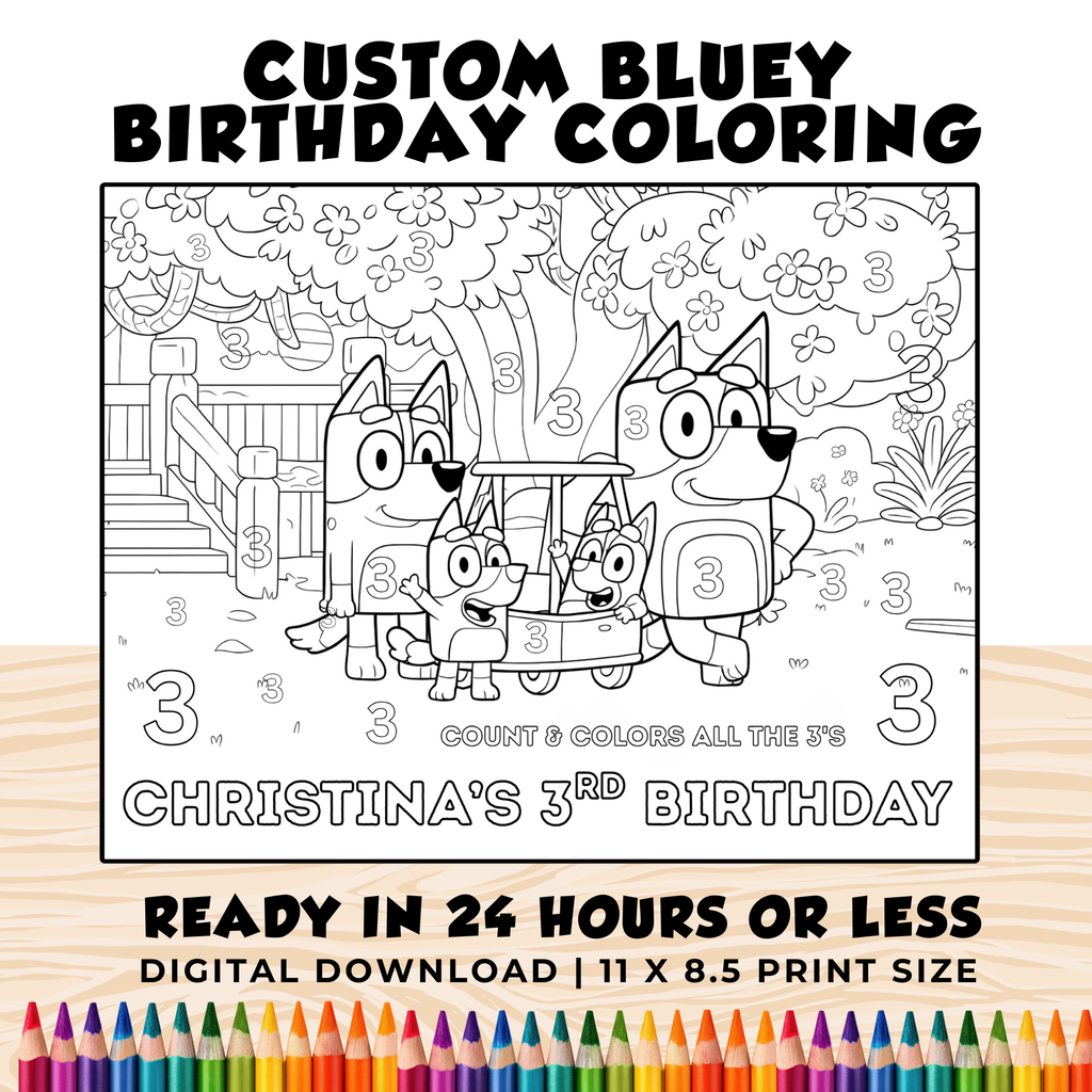 Personalized Bluey Birthday Coloring Page Printable | Custom Bluey Coloring Sheet with Name & Age