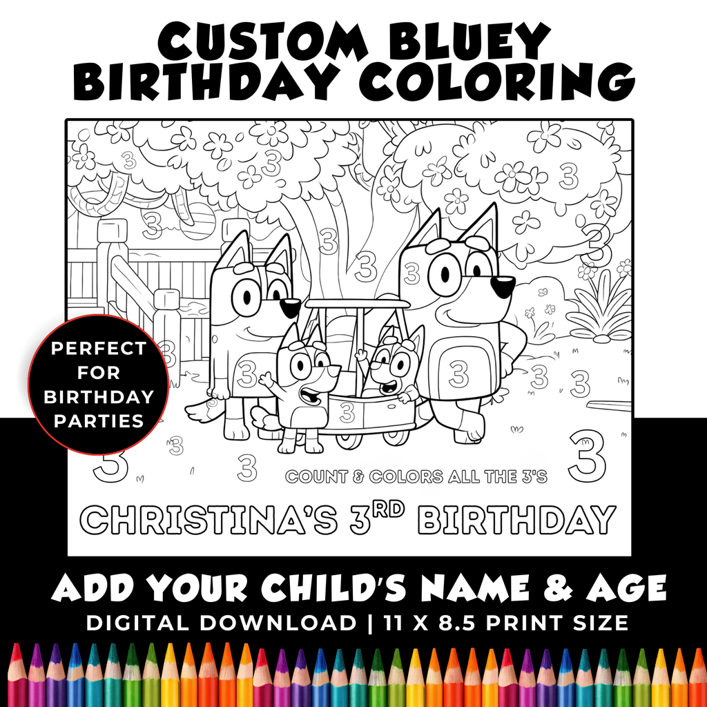 Personalized Bluey Birthday Coloring Page Printable | Custom Bluey Coloring Sheet with Name & Age