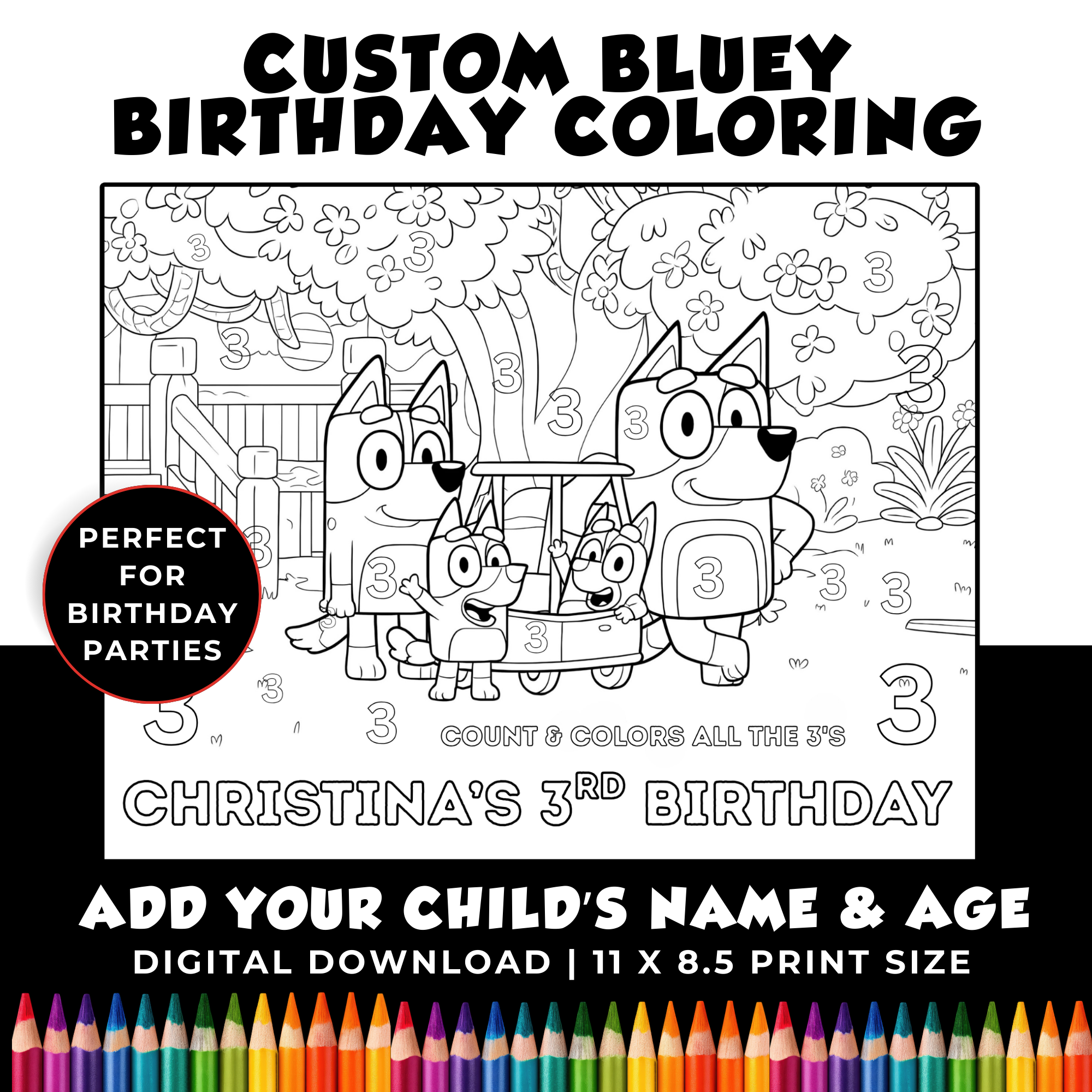 Personalized Bluey Birthday Coloring Page Printable | Custom Bluey Coloring Sheet with Name & Age