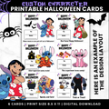 Custom character printable Halloween cards template shown as a digital preview with six sample card designs featuring Disney characters like Stitch, Angel, and Mickey on a black themed background.