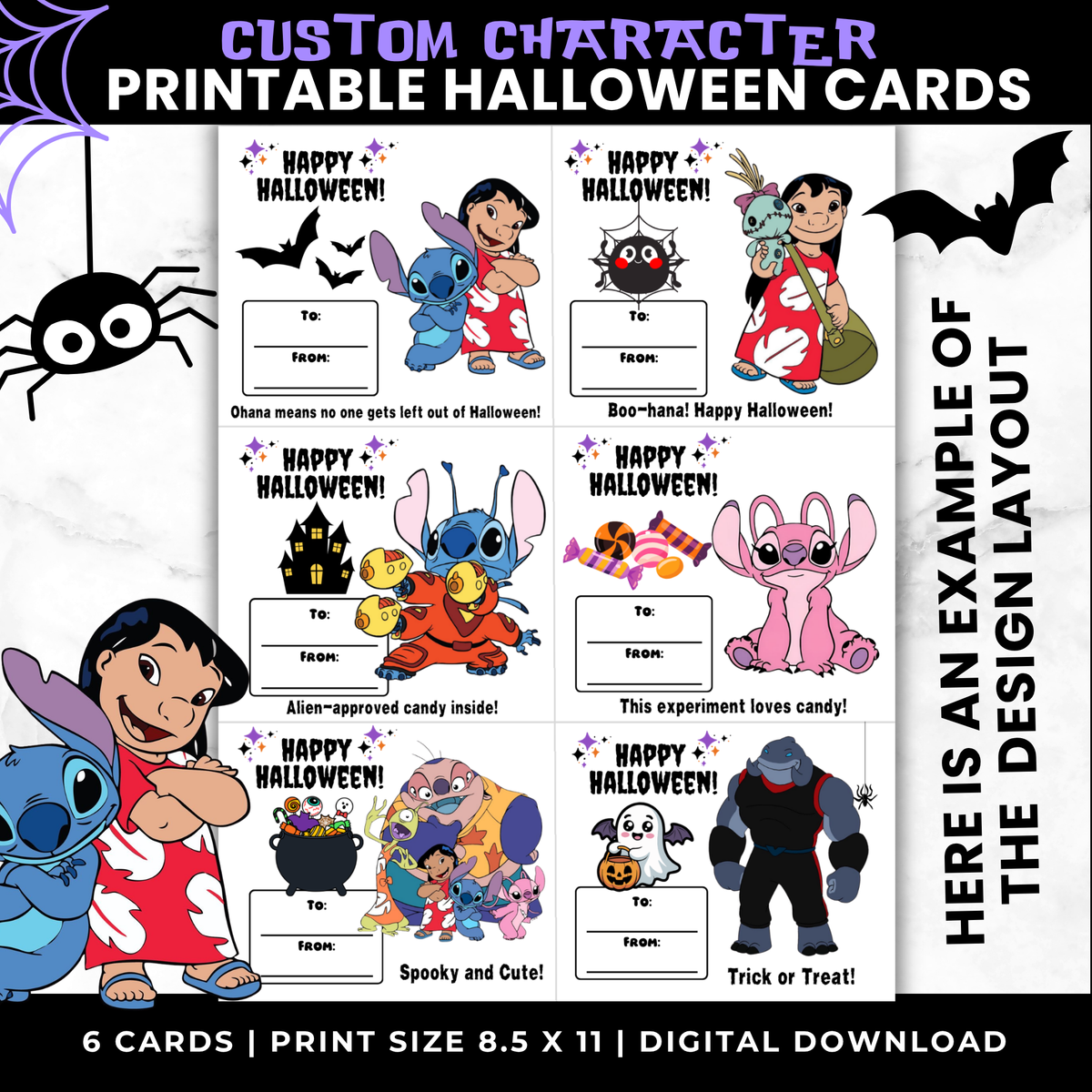 Custom character printable Halloween cards template shown as a digital preview with six sample card designs featuring Disney characters like Stitch, Angel, and Mickey on a black themed background.