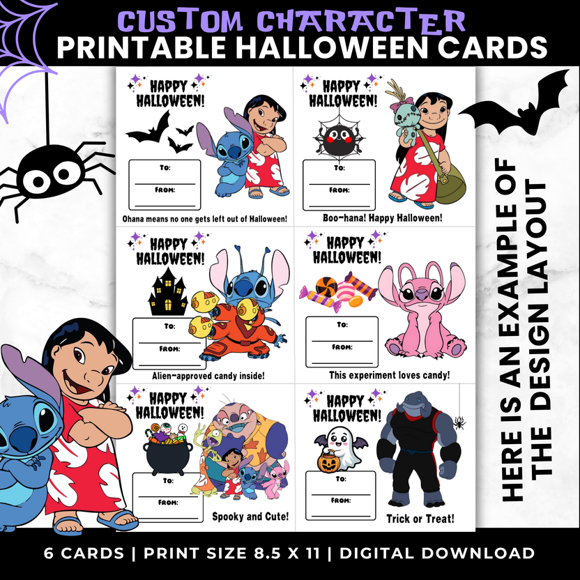 Custom character Halloween printable classroom candy cards, matching layout to other designs