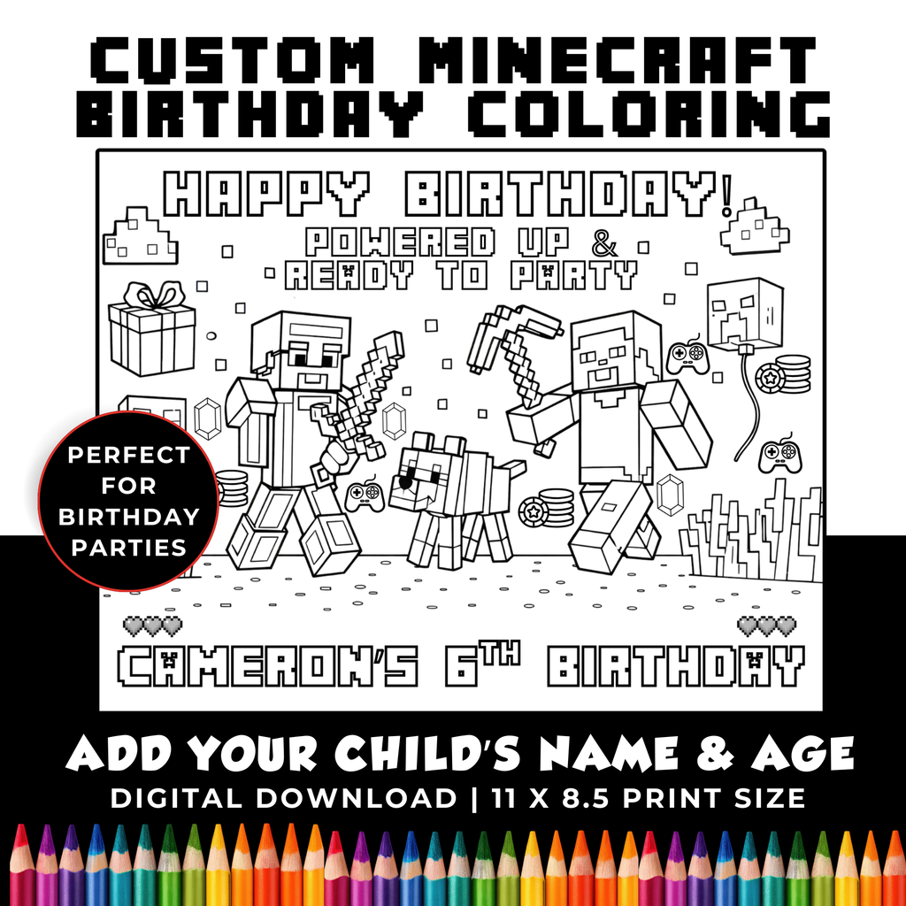 Personalized Minecraft Birthday Coloring Page | Custom Gamer Party Printable Digital Download
