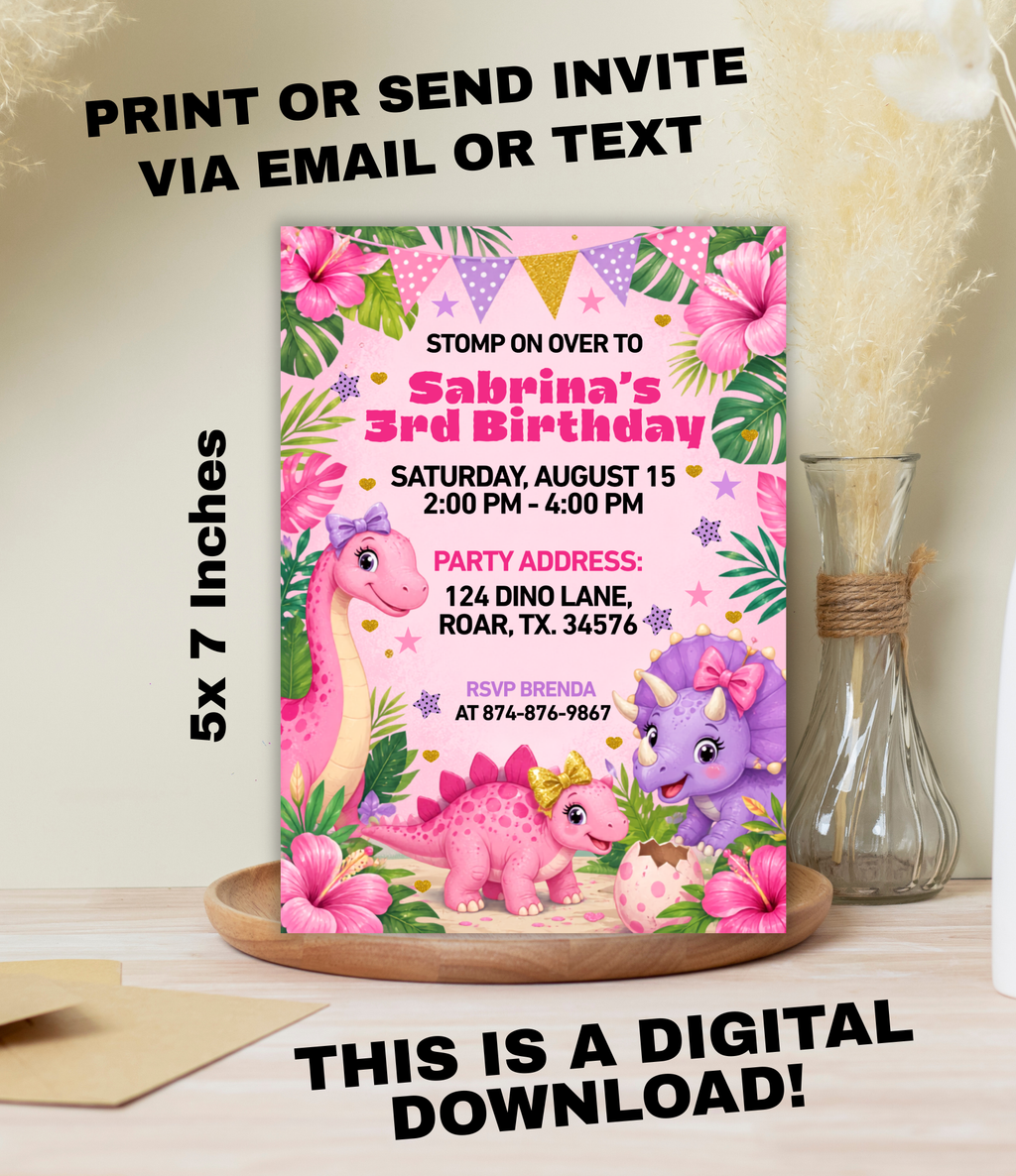 Pink Dinosaur birthday invitation printable, invitation design