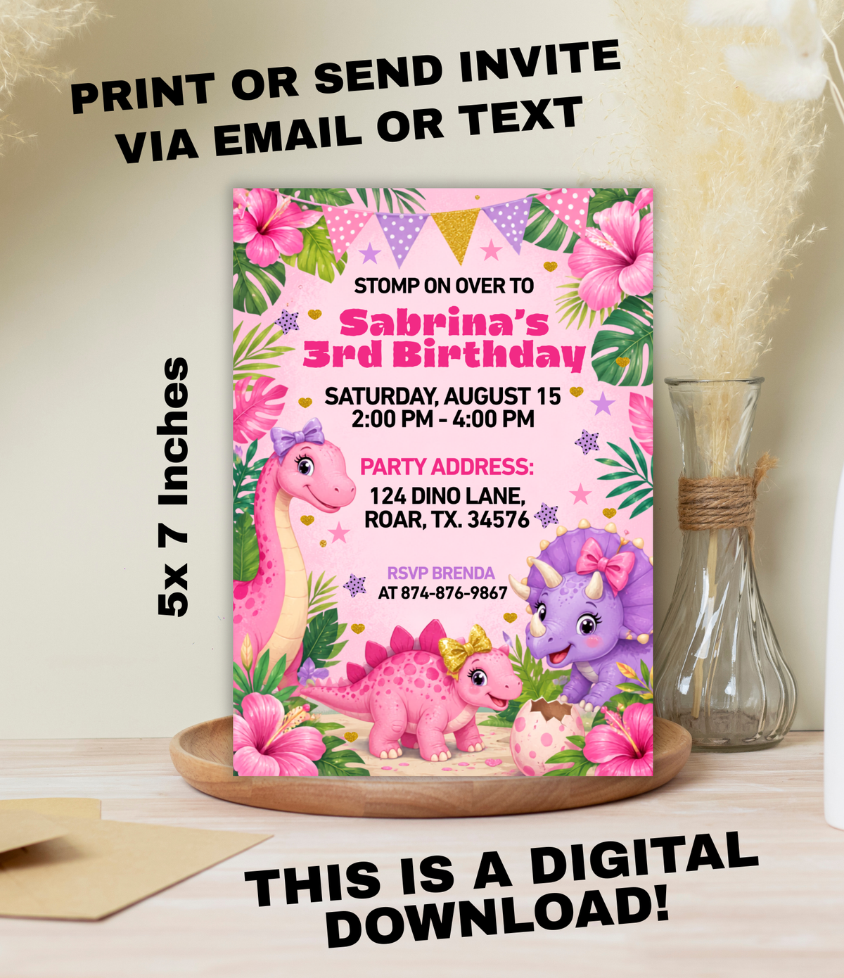 Pink Dinosaur birthday invitation printable, invitation design
