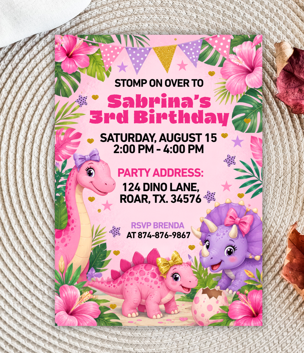 Pink Dinosaur birthday invitation printable, invitation design
