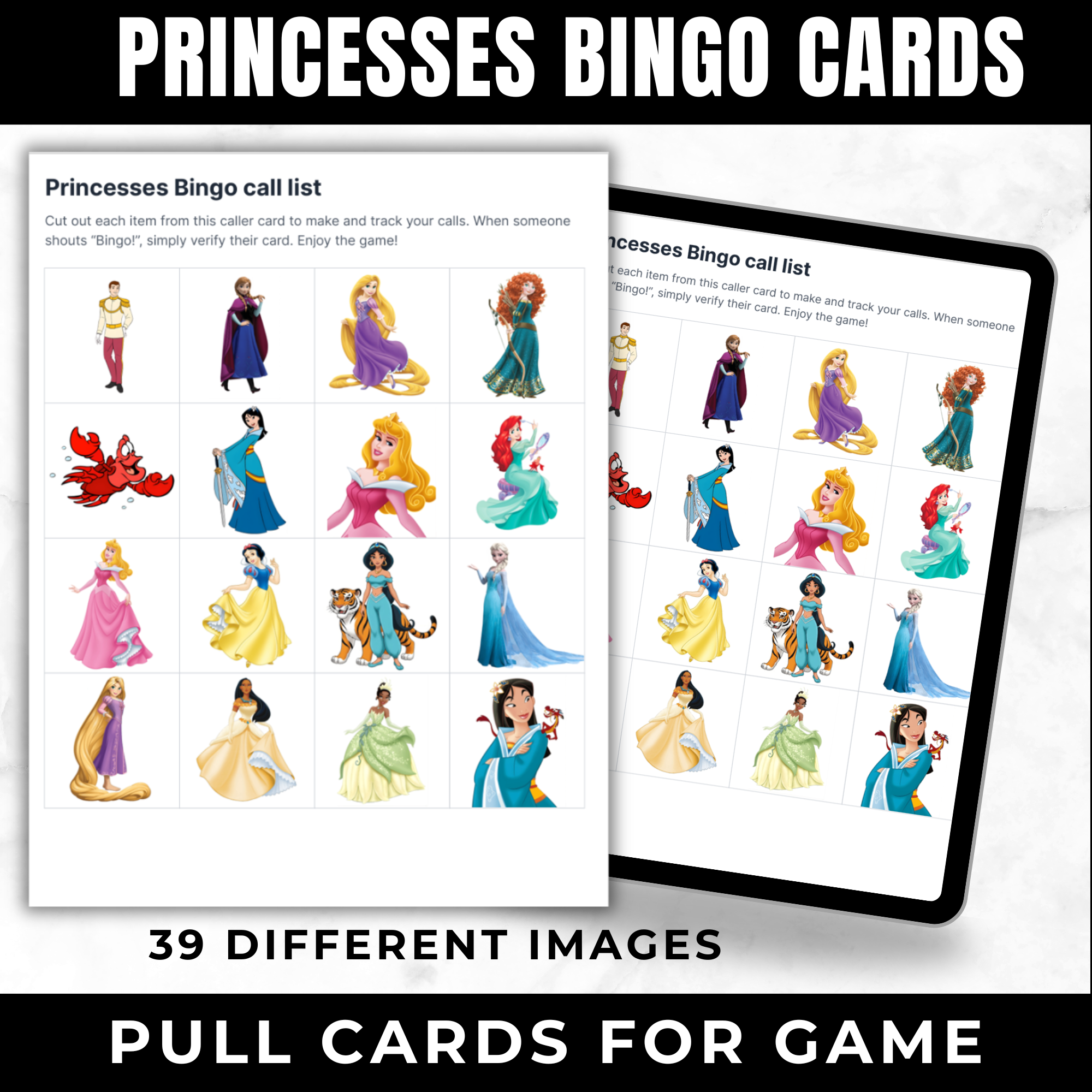 Princess Birthday Bingo Cards Printable for Kids | Princess Party Game Cards