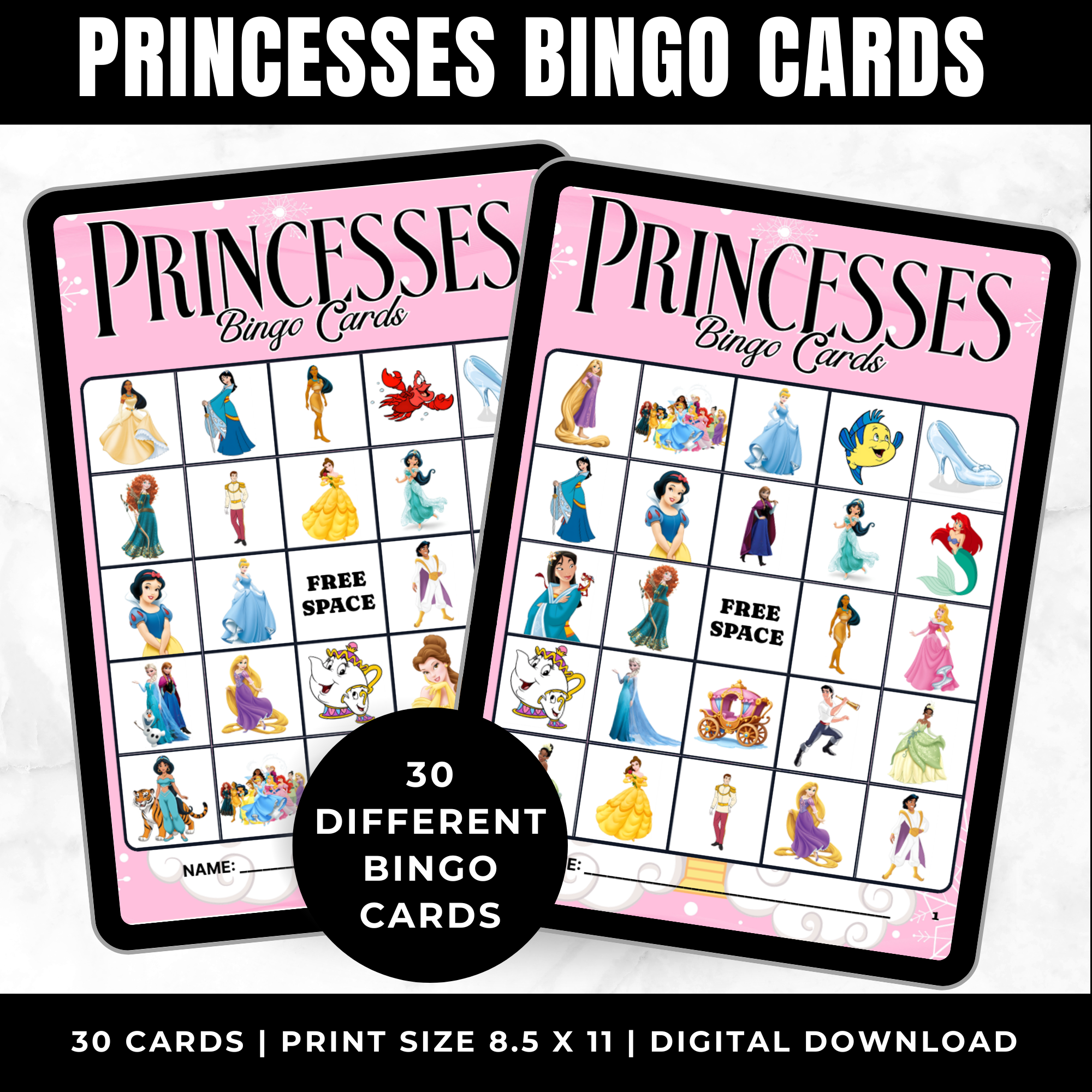 Princess Birthday Bingo Cards Printable for Kids | Princess Party Game Cards