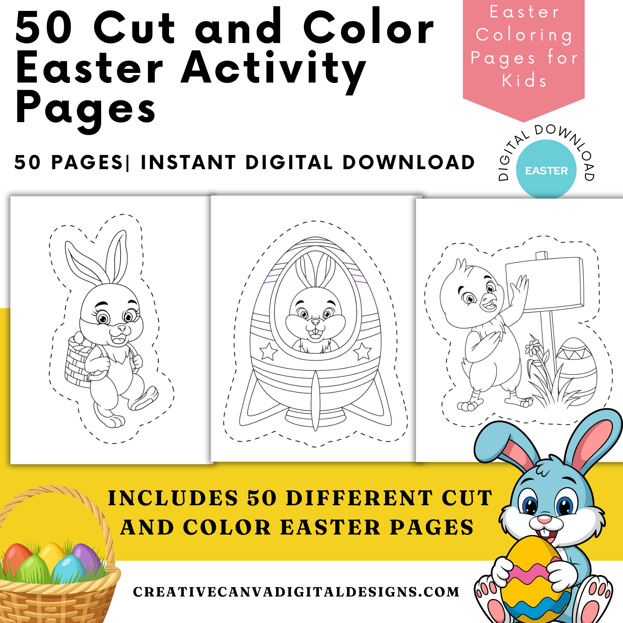 50 Easter Coloring & Cut Pages for Kids | Easter Bunny Printable Activities | Cut and Color Worksheets | Preschool & Toddler Easter Crafts PDF