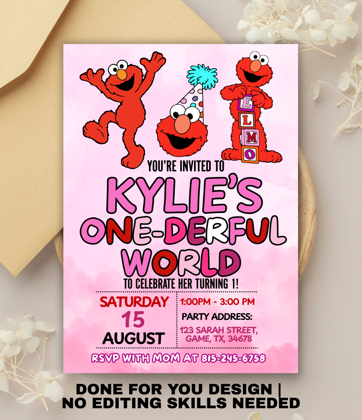 Elmo First Birthday Invitation | One-derful World 1st Birthday Invite