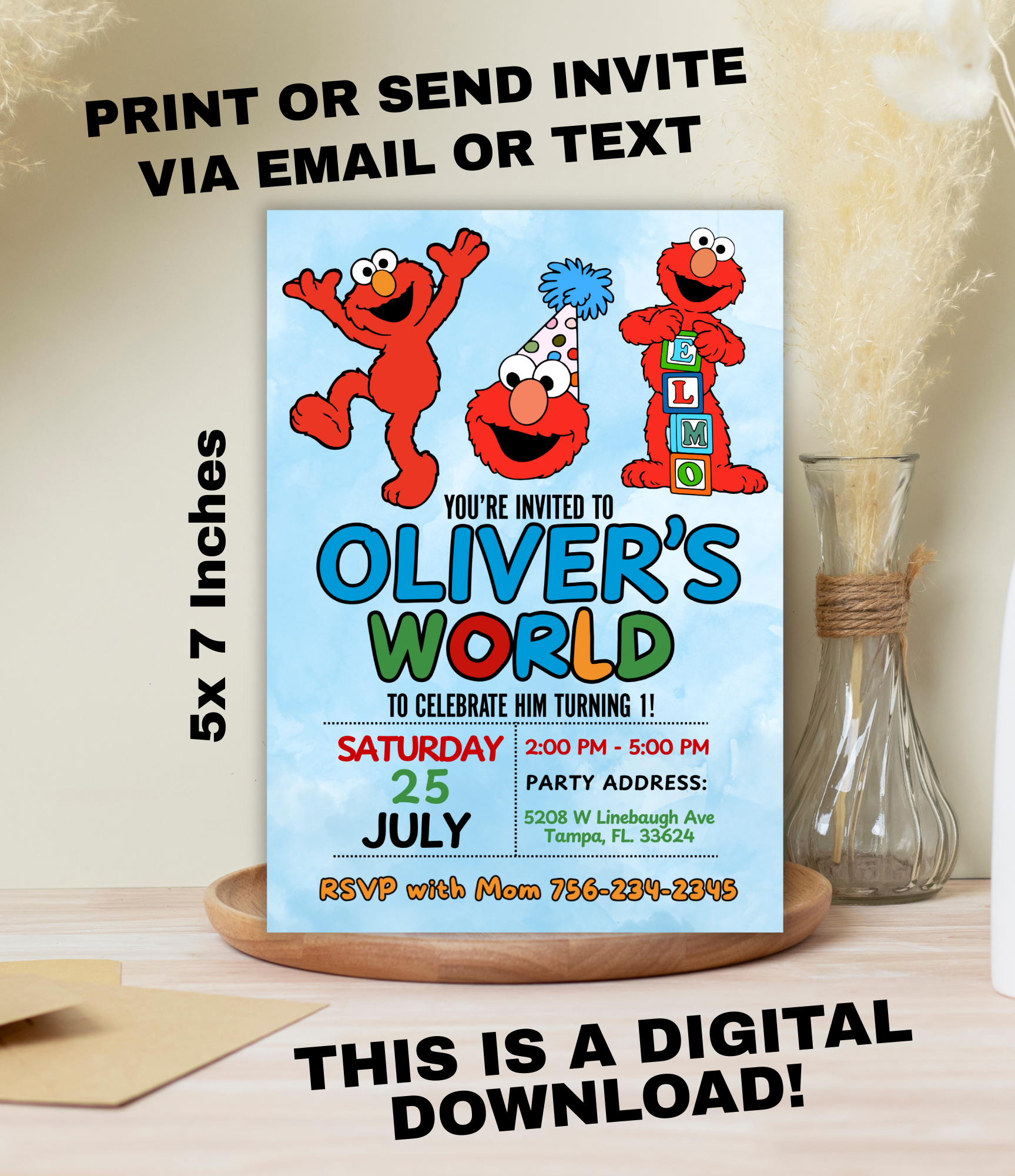 Elmo Birthday Invitation for Boys | Personalized Birthday Invite | Custom Kids Party Invitation | Ready in 24 Hours