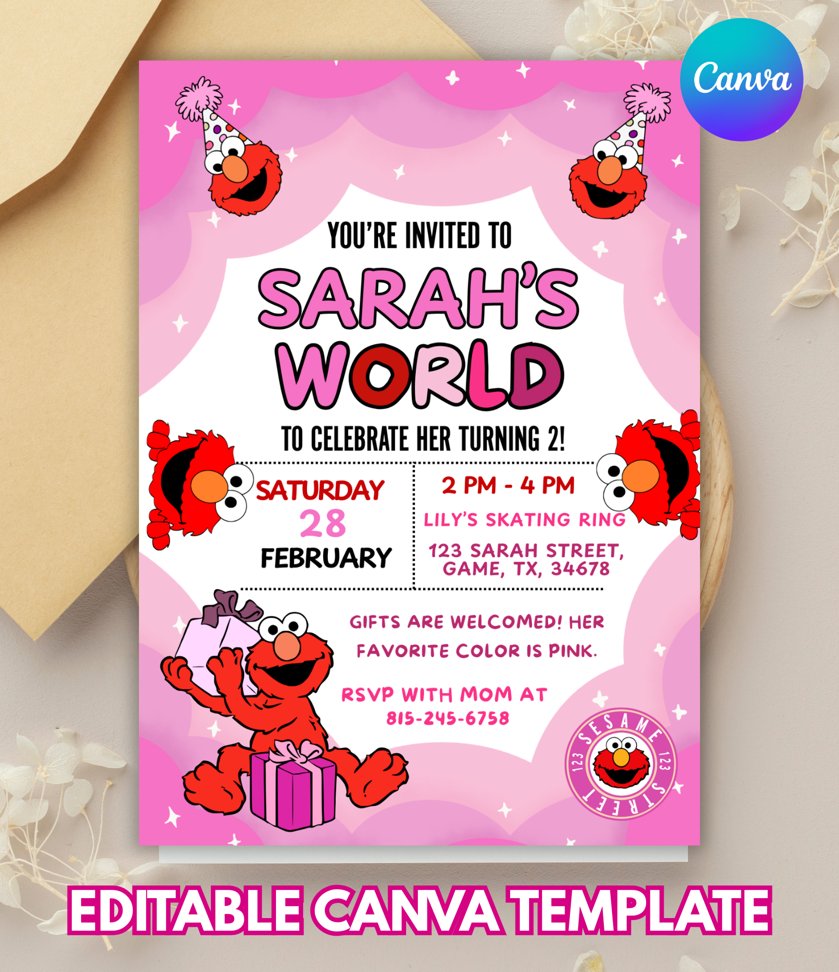 Custom Girly Elmo Birthday Invitation Template  | Sesame Street Birthday Party Canva Invite Template