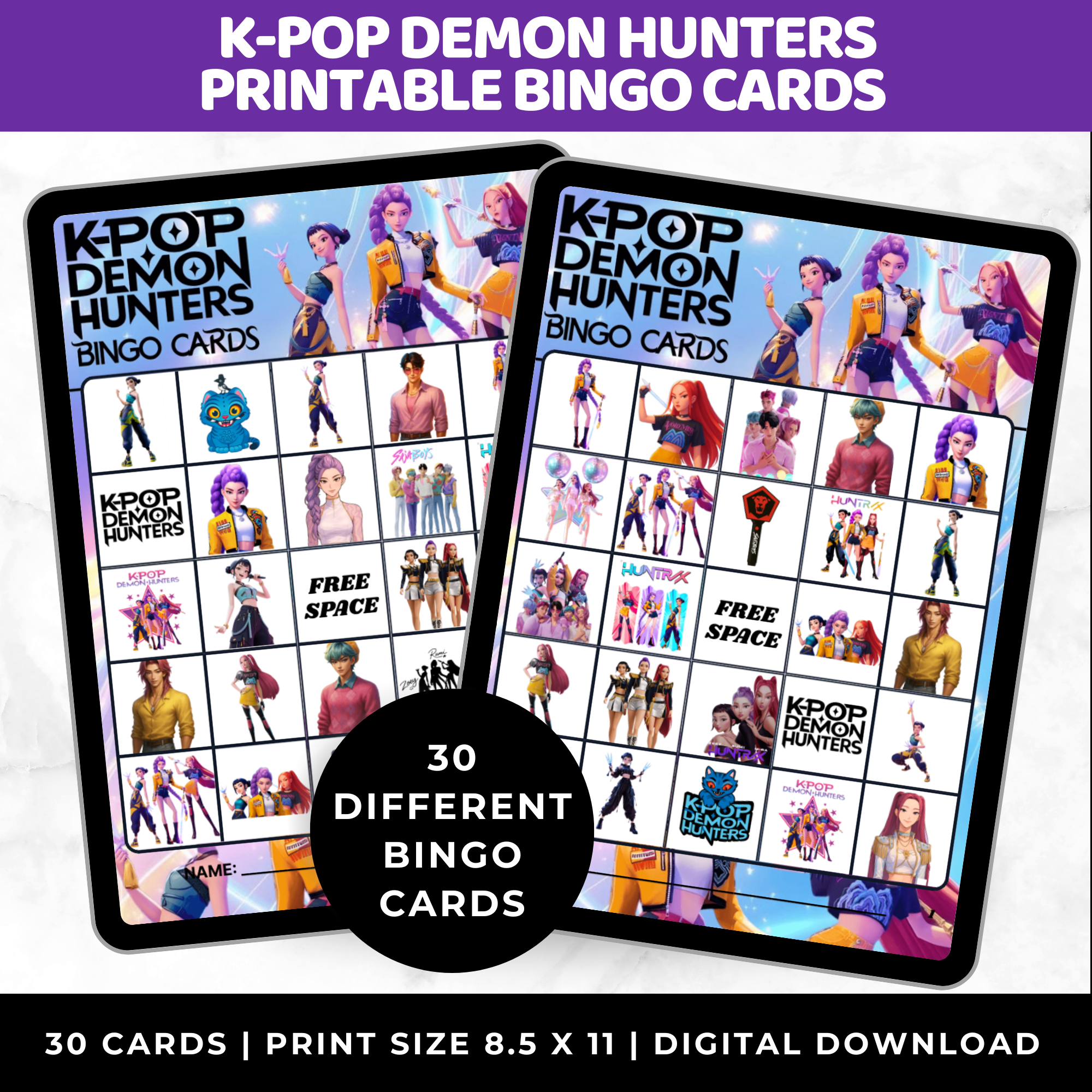 K-Pop Demon Hunter Bingo Cards | Teen Birthday Party Game