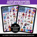K-Pop Demon Hunters printable bingo cards with character illustrations on a white background.
